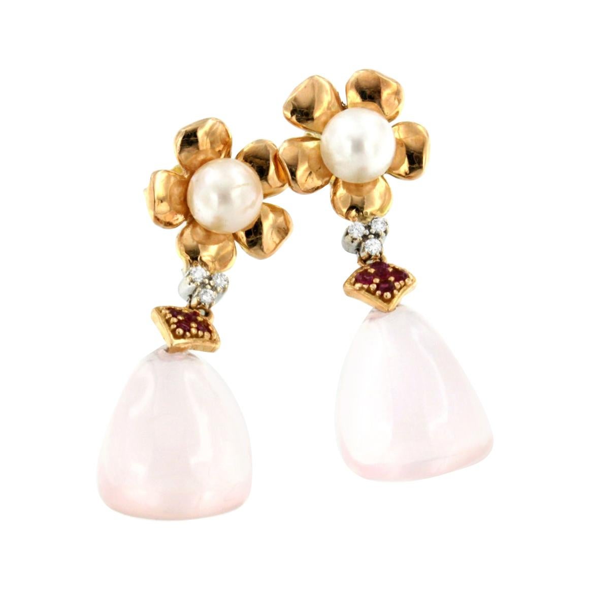 Boucles d'oreilles en or rose et blanc 18 carats avec perles de quartz rose, rubis et diamants blancs