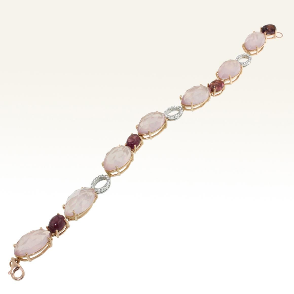 Very pretty bracelet with delicate colored stones. Natural stones with white diamonds . Craftsmanship in Italy by Stanoppi Jewellery since 1948.

Bracelet in 18k rose and white gold with Pink Quartz ( marquise cut size: 12x20mm), Pink Tourmaline