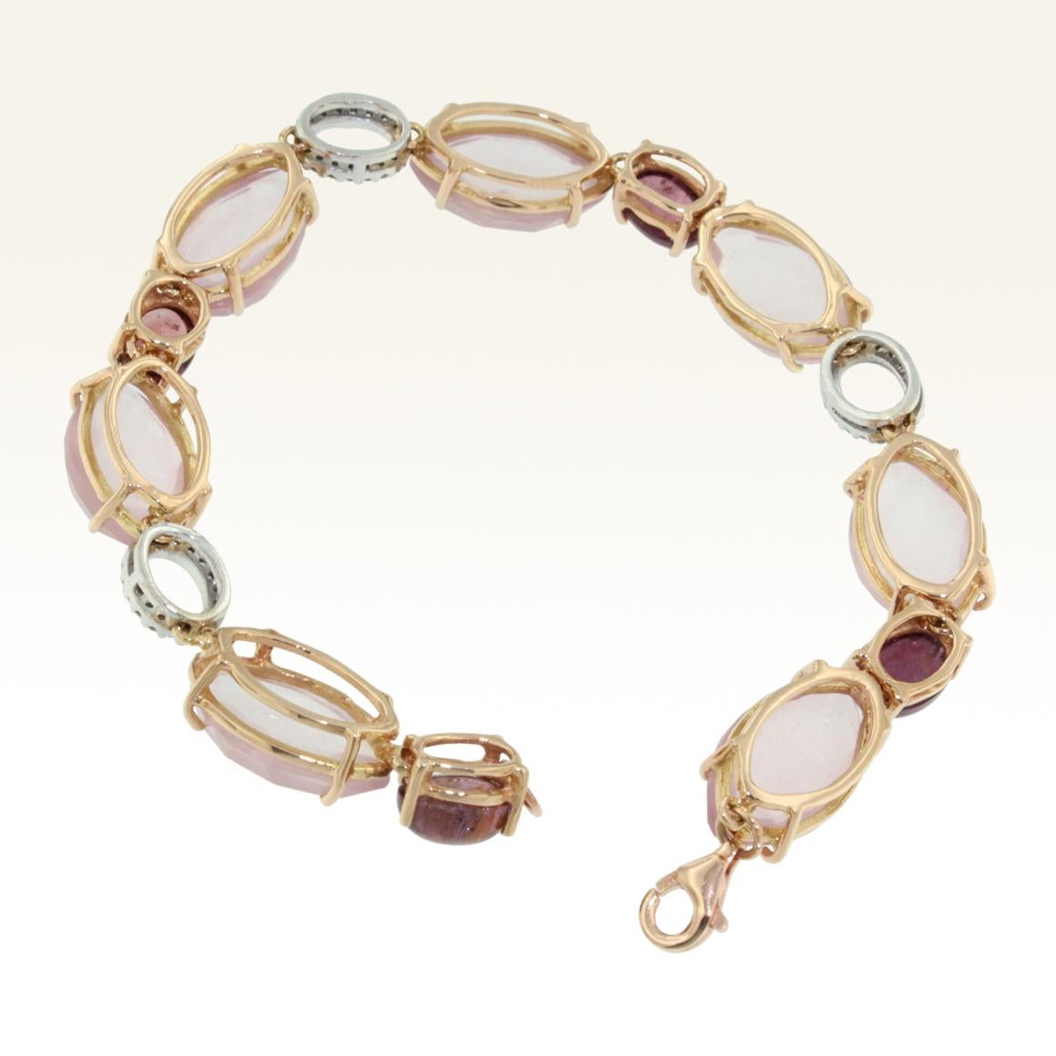 Oval Cut 18k Rose and White Gold with Pink Quartz Tourmaline and White Diamonds Bracelet