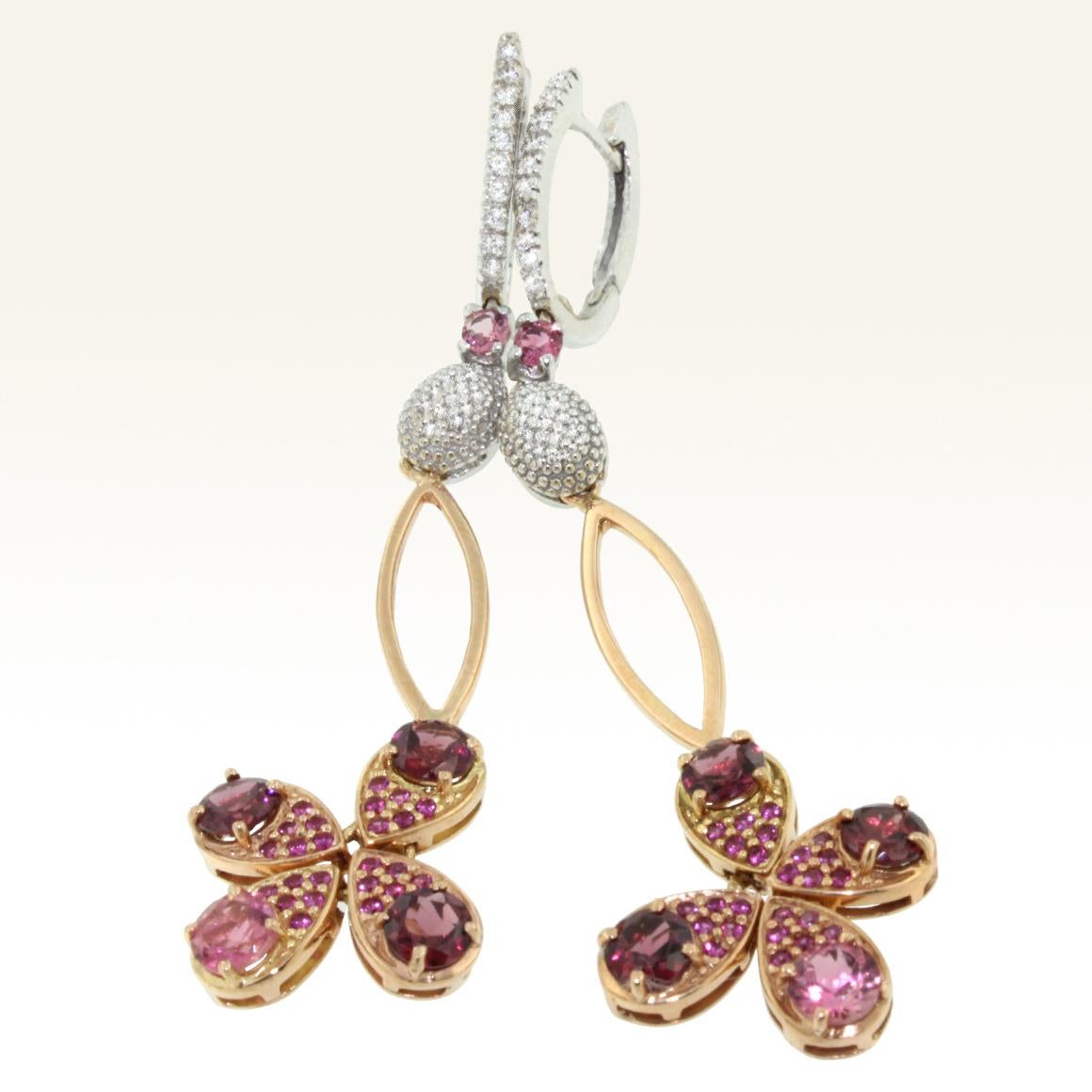 Round Cut 18 Karat Rose and White Gold With Pink Tourmaline White Diamond Modern Earrings For Sale