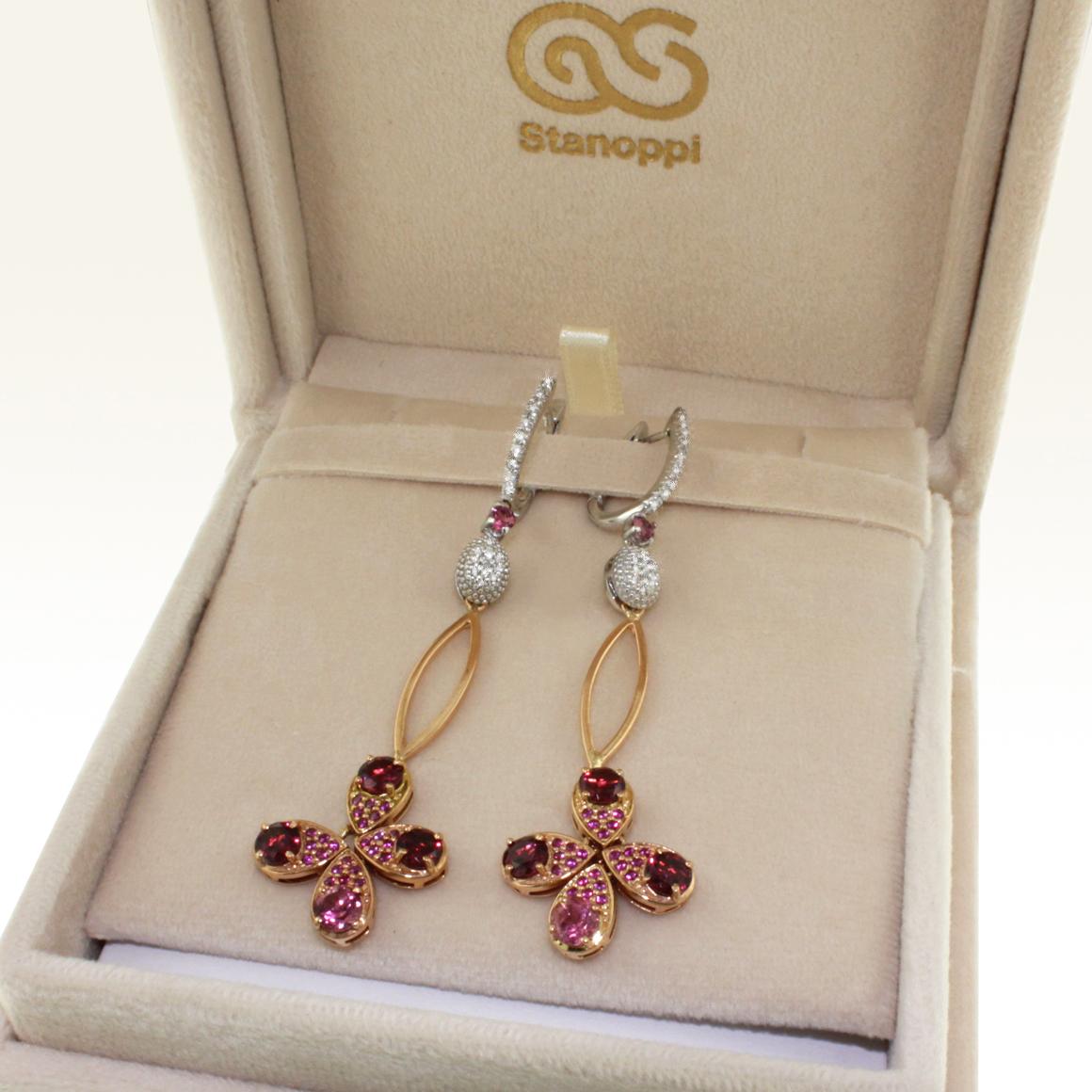 Women's or Men's 18 Karat Rose and White Gold With Pink Tourmaline White Diamond Modern Earrings For Sale