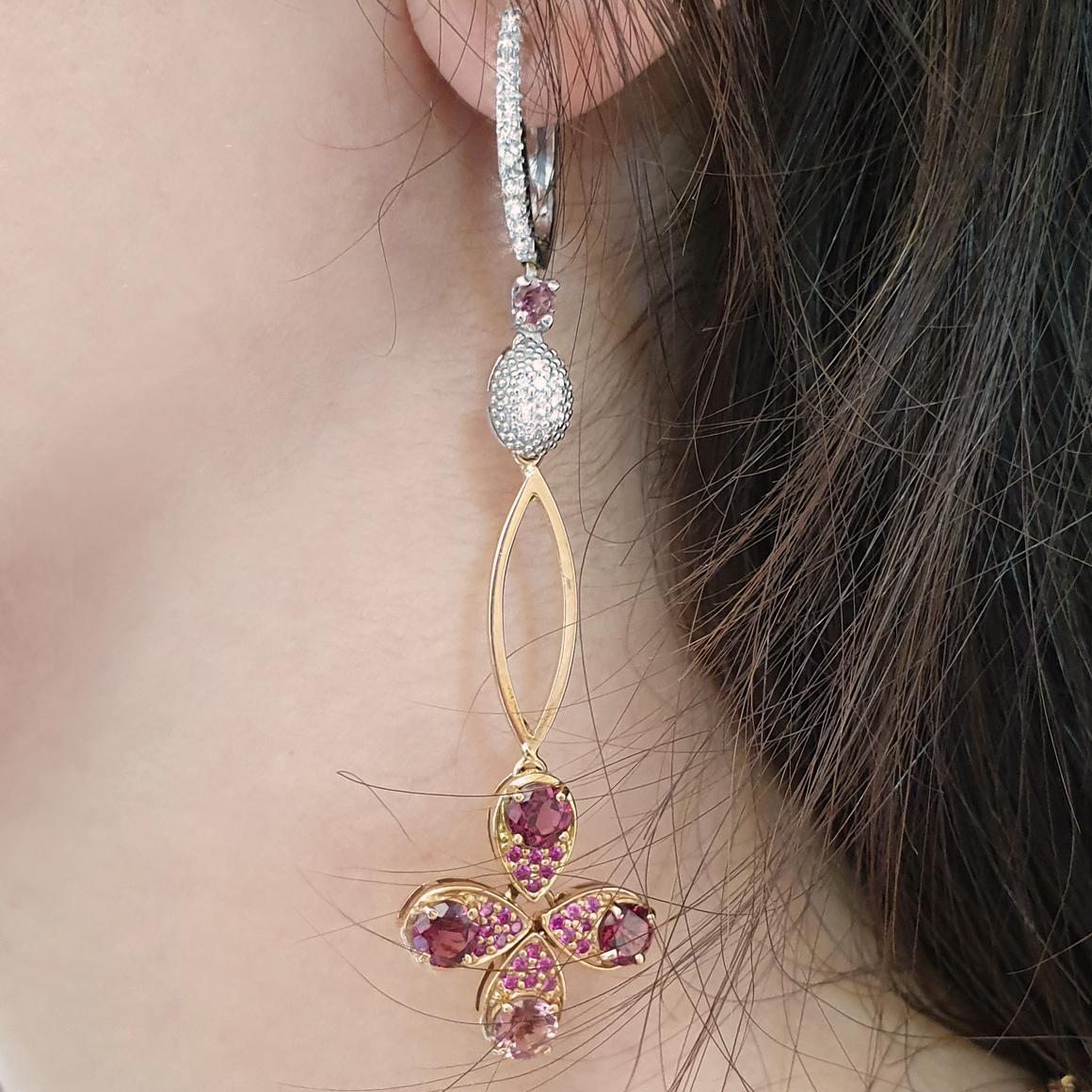 18 Karat Rose and White Gold With Pink Tourmaline White Diamond Modern Earrings For Sale 1