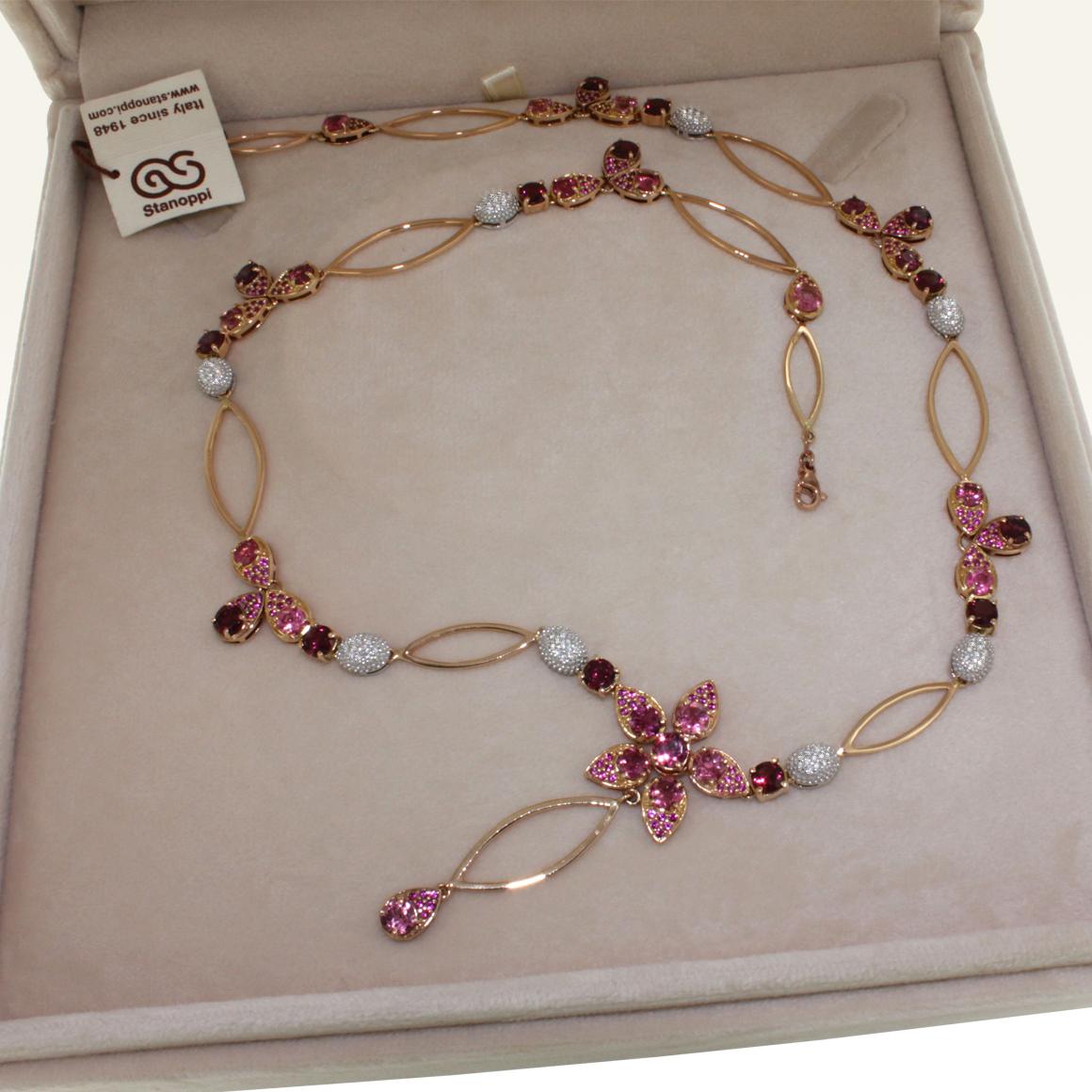 Round Cut 18 Karat Rose and White Gold with Pink Tourmaline and White Diamond Necklace For Sale