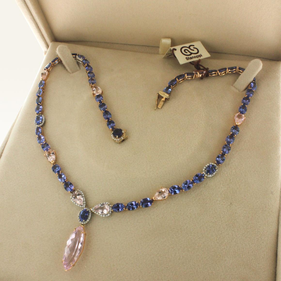18K Gold with Tanzanite Kunzite and White Diamond Amazing Modern Necklace For Sale 5