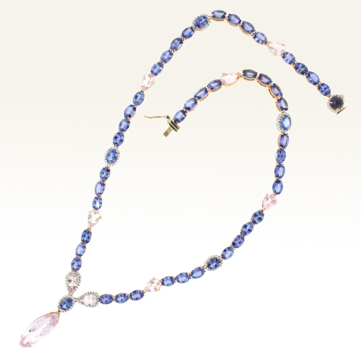 18K Gold with Tanzanite Kunzite and White Diamond Amazing Modern Necklace  In New Condition For Sale In GALLARATE, IT