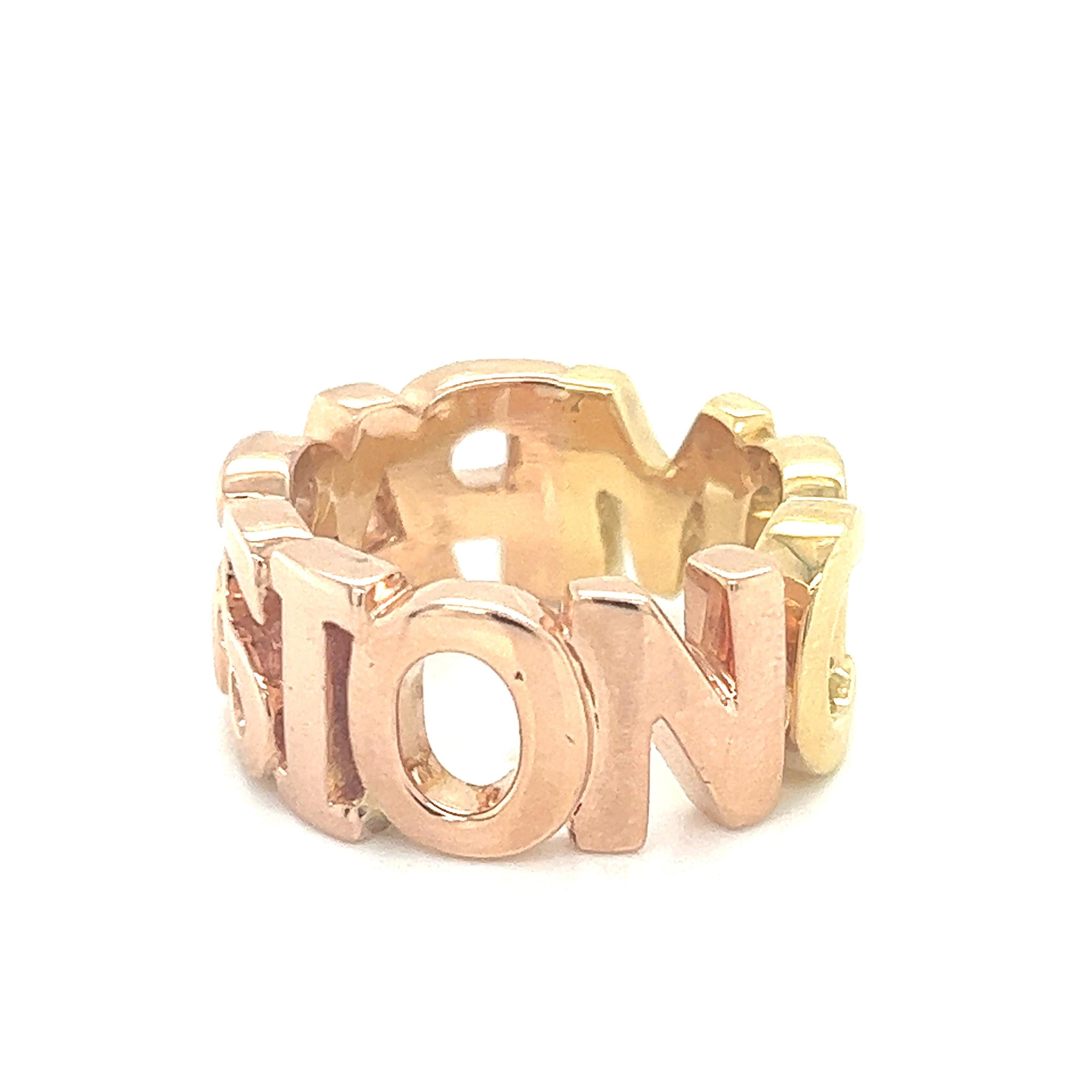For Sale:  18k Rose and Yellow Gold Compassion Word Ring 6