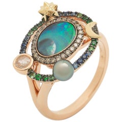 18k Rose and Yellow Gold Opal Gemstone Sapphire and Rose Cut Diamond Galaxy Ring