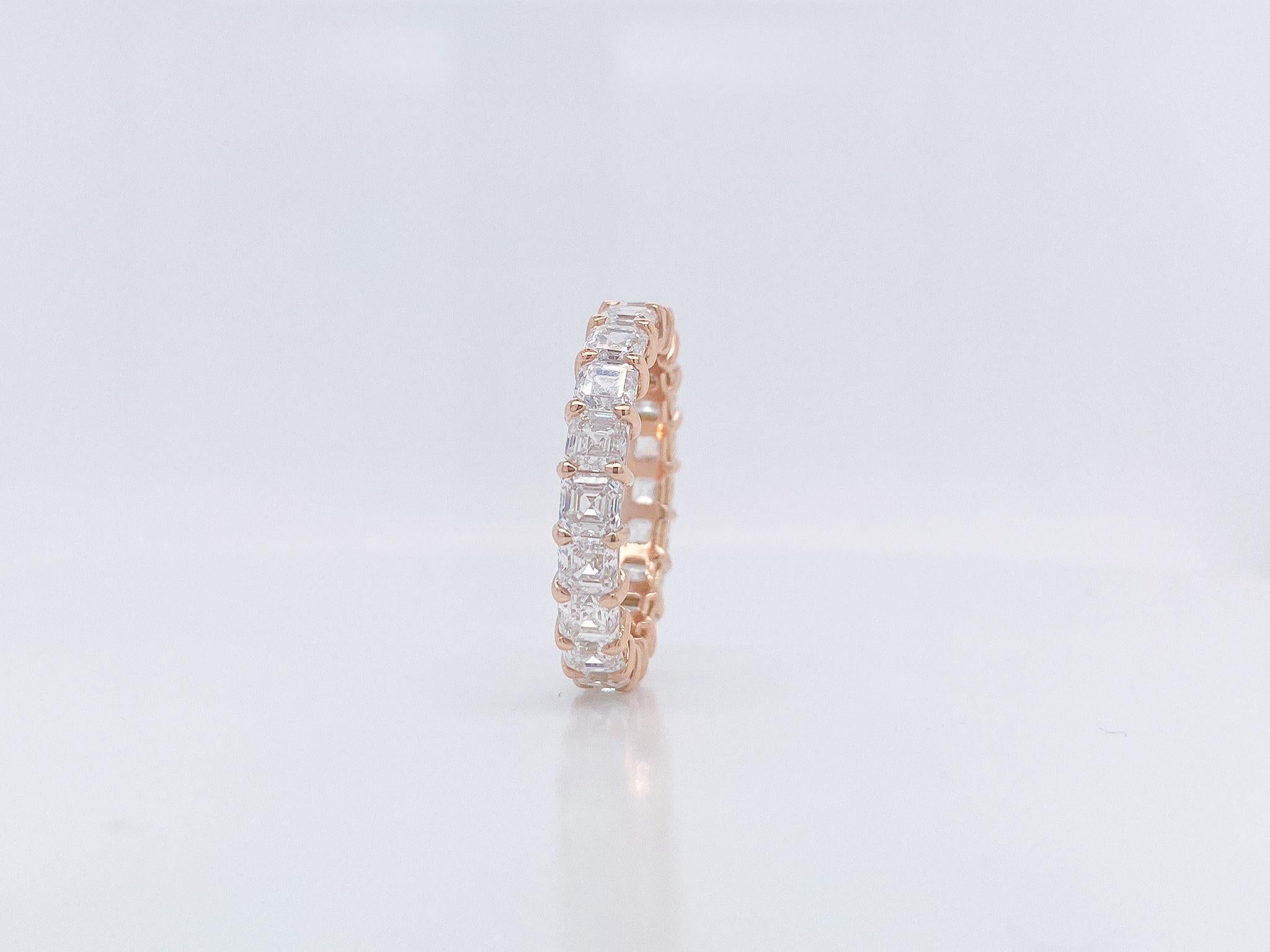 Imagine the look on her face when she sees this Asscher Diamond Eternity Band; featuring 20 Asscher Diamonds, weighing 4.67 Total Carat Weight. These diamonds are F Color, VS Clarity, and are set in a 18K Rose Gold setting in a finger size 6.75.