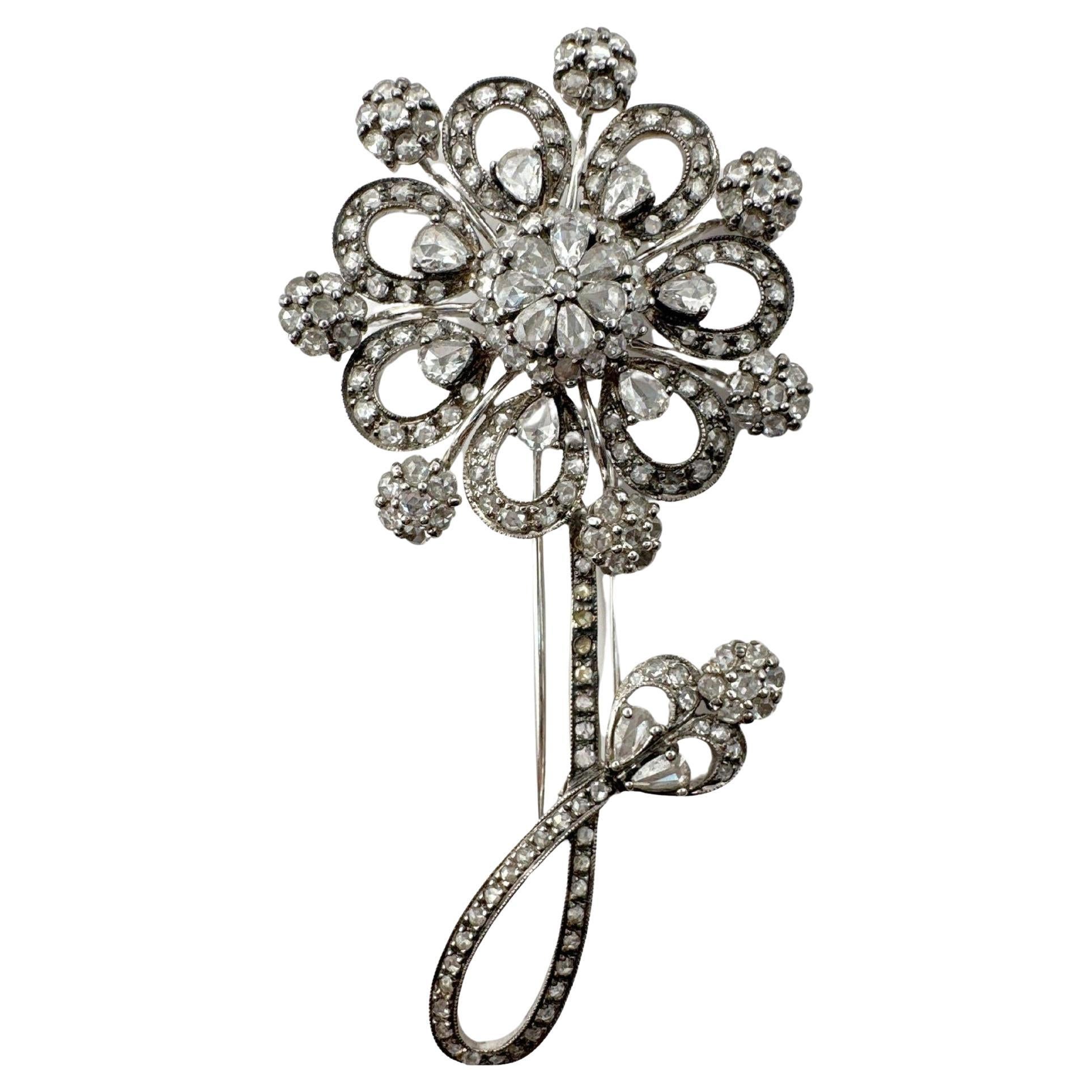 18k Rose Cut Diamond Flower Brooch For Sale