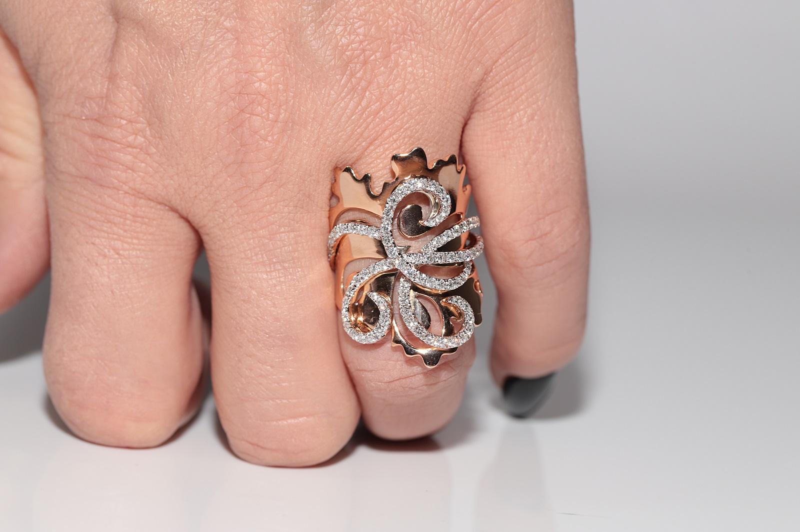 Women's 18k Rose Gold Natural Diamond Decorated Strong Big Tank Ring For Sale