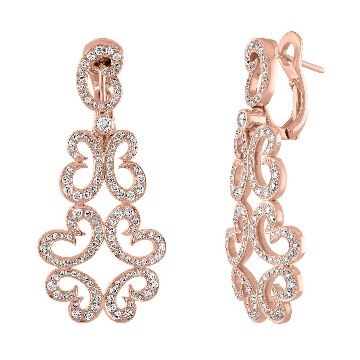 18 Karat Rose Gold and 1.33 Carat Diamond Scroll Earrings For Sale