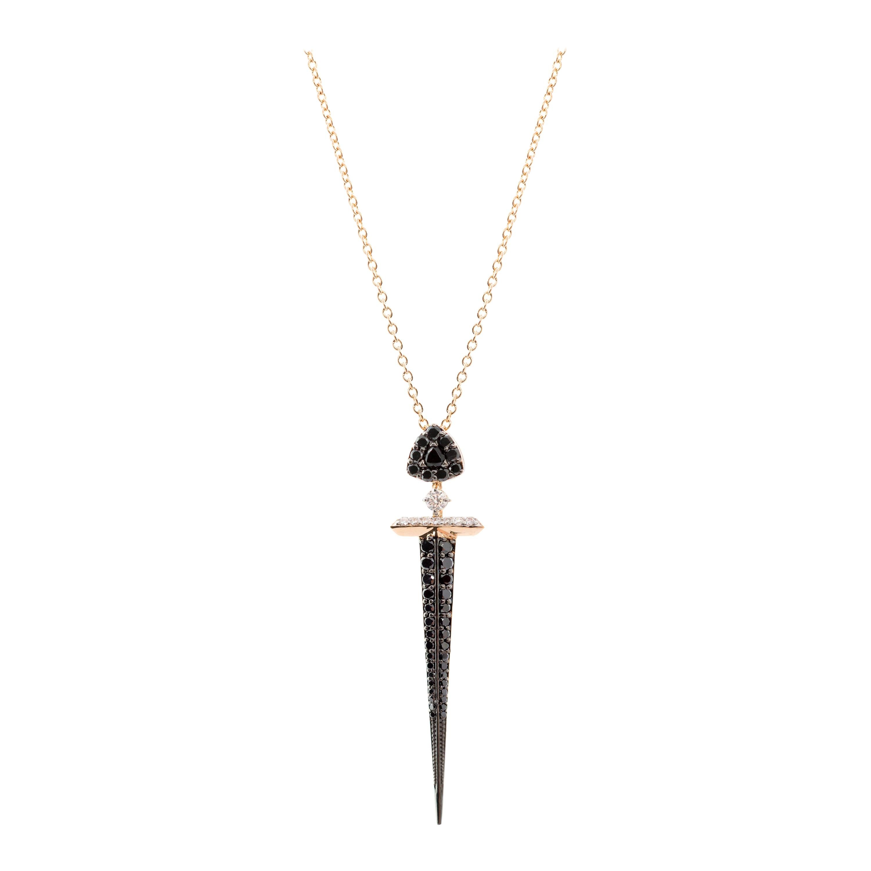 18K Rose Gold & 0.255 cts White 0.82 cts Black Diamond Sword Pendant by Alessa For Sale