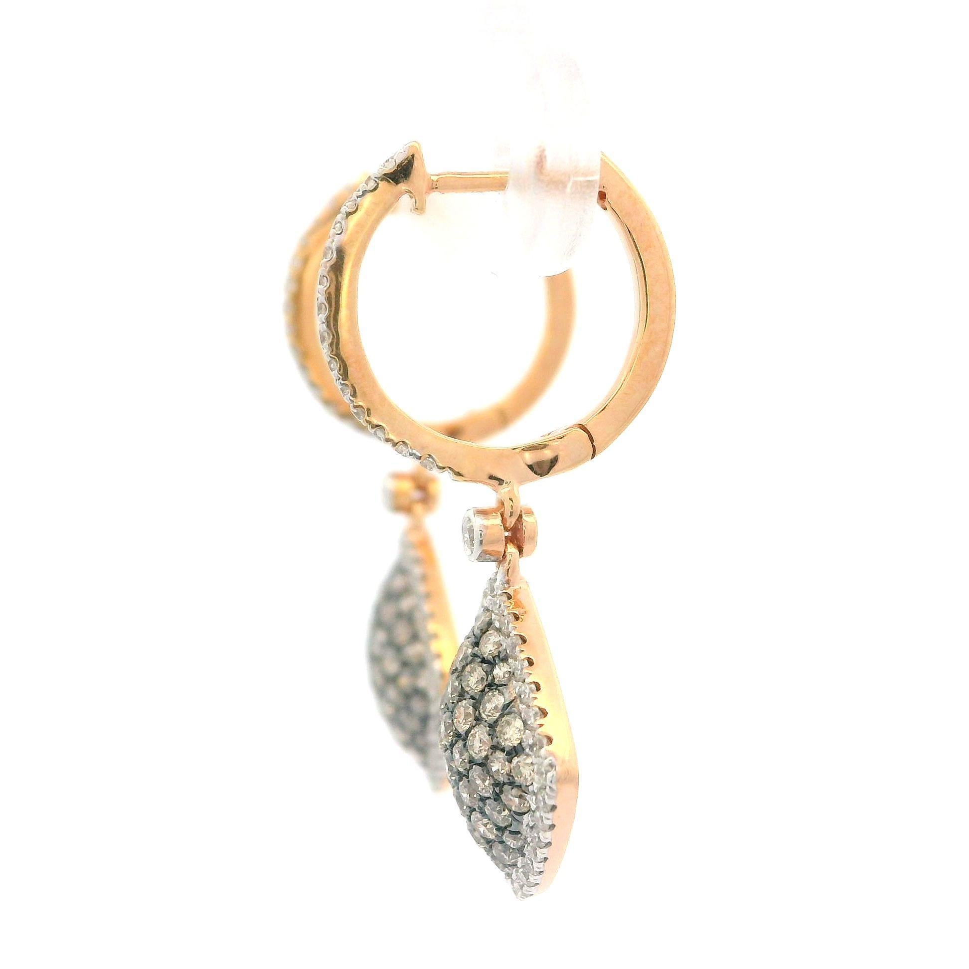 --Stone(s):--
Numerous Natural Genuine Diamonds - Round Brilliant Cut - Pave Set - Fancy Champagne & White Color 
Total Carat Weight: 0.85 (exact)

Material: 18K Solid Rose Gold
Weight: 3.50 Grams
Backing: Posts w/ Snap Closures (Pierced ears are