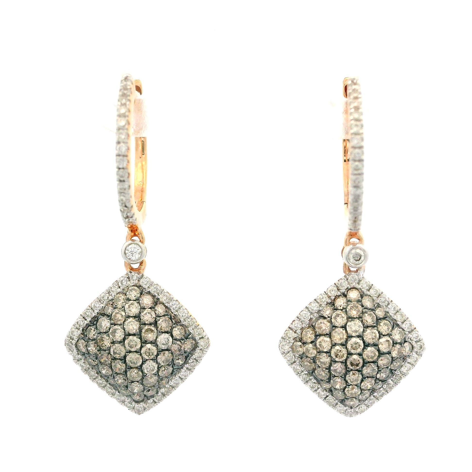 Women's 18k Rose Gold 0.85ctw Champagne & White Diamond Drop Dangle Earrings For Sale
