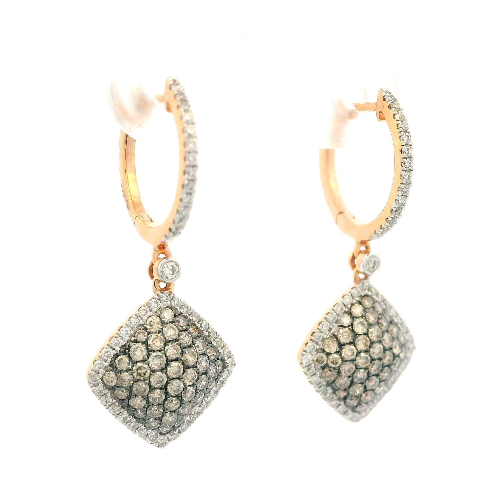 18k Rose Gold 0.85ctw Champagne & White Diamond Drop Dangle Earrings For Sale 1