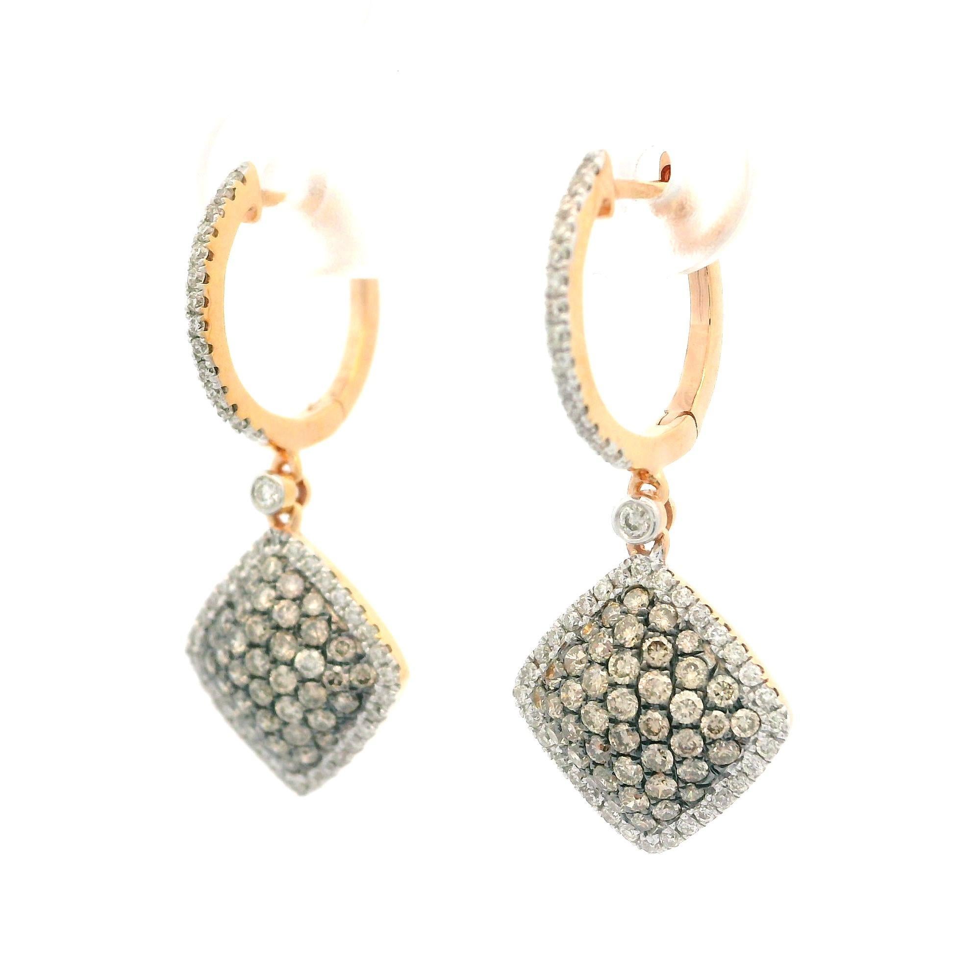 18k Rose Gold 0.85ctw Champagne & White Diamond Drop Dangle Earrings For Sale 2