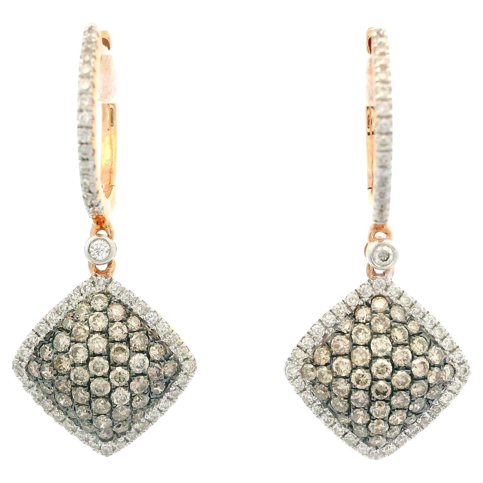 18k Rose Gold 0.85ctw Champagne & White Diamond Drop Dangle Earrings For Sale