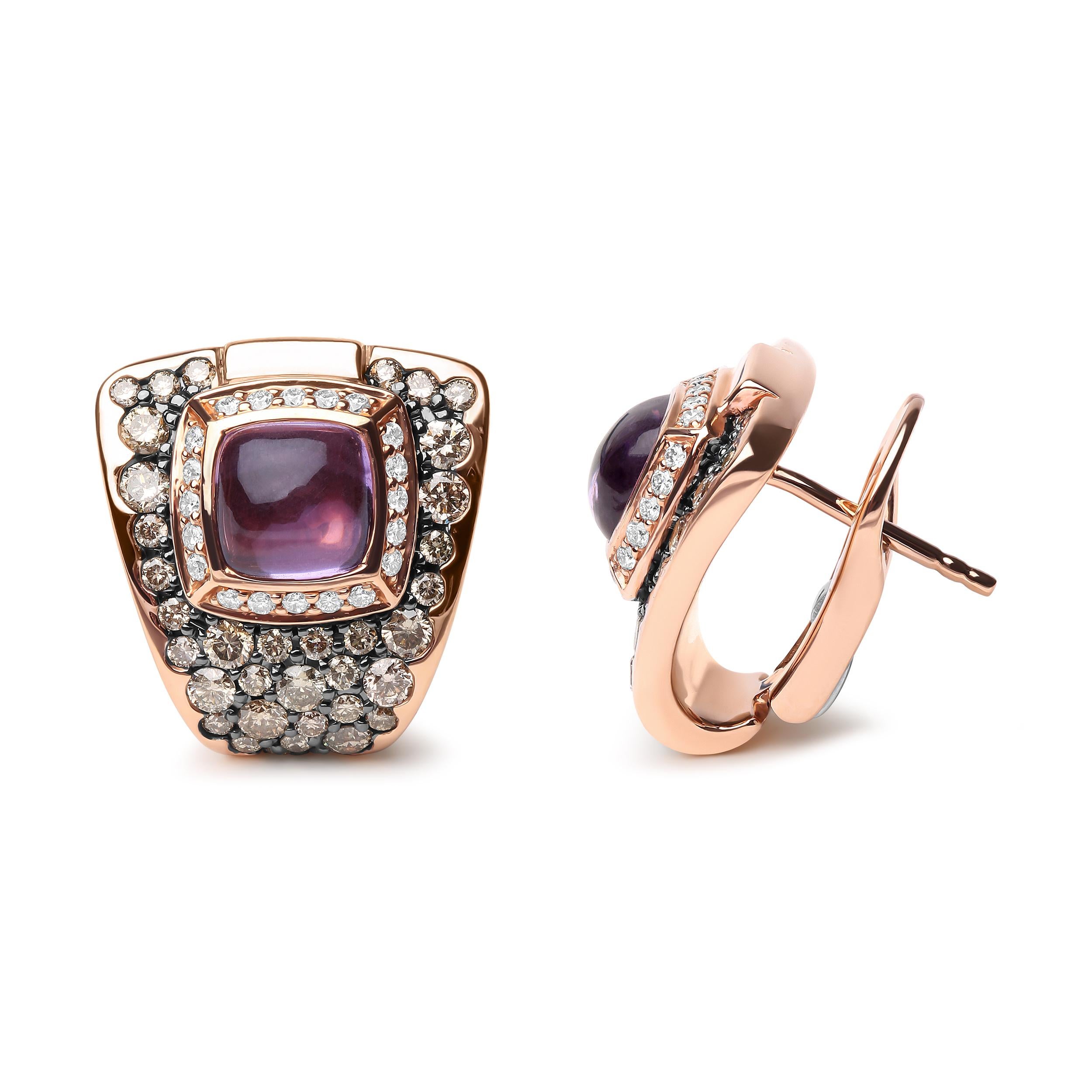 Contemporary 18K Rose Gold 1 1/2 Carat Diamond and Purple Amethyst Gemstone Stud Earrings For Sale