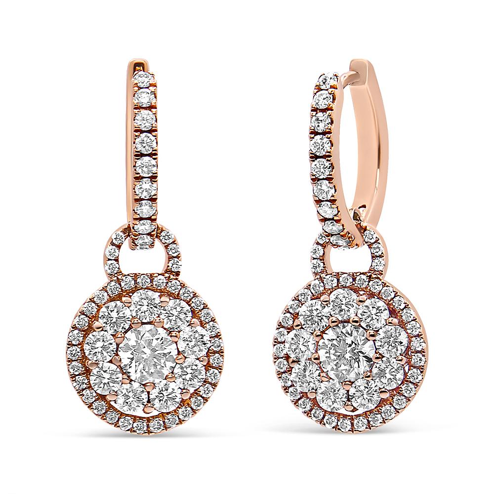 Timeless and elegant, these diamond drop earrings are the perfect complement to that special evening look. Created from vibrant 18K rose gold, each earring features a flower-shaped composite of shimmering round diamonds at its center. Each earring