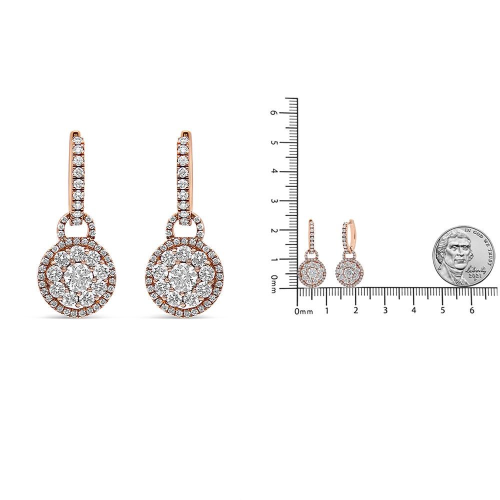 18K Rose Gold 1 1/2 Cttw Round Shaped Diamond Composite Drop and Dangle Earrings In New Condition For Sale In New York, NY