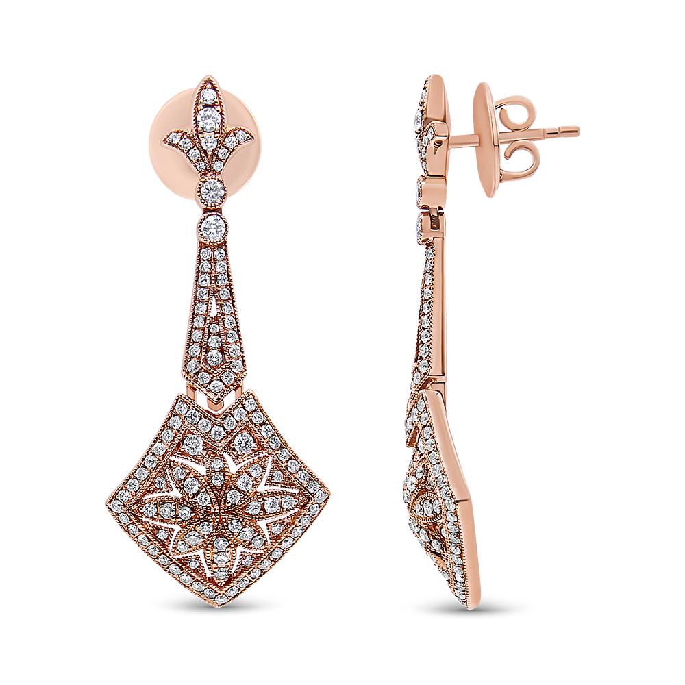 Contemporary 18K Rose Gold 1 1/3cttw Diamond Fleur De Lis Trellis Style Drop & Dangle Earring For Sale