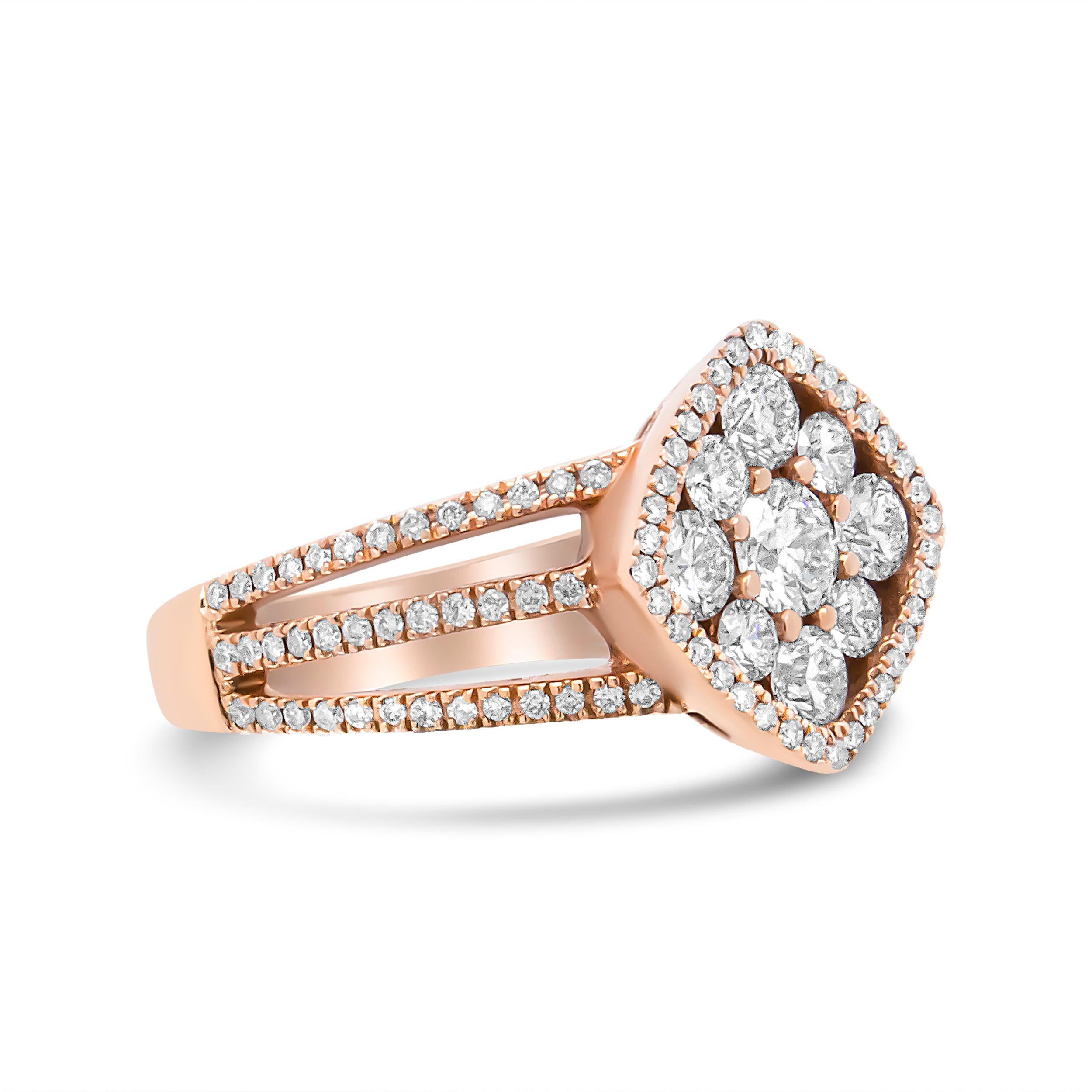 Contemporary 18K Rose Gold 1 1/4 Carat Diamond Halo Cluster Split Shank Ring Band For Sale