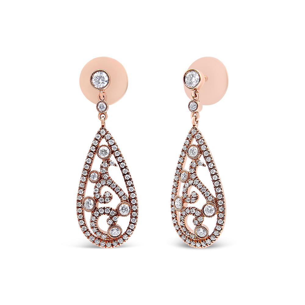 Bring sparkle to your ear with these diamond drop earrings. Crafted from vibrant 18K rose gold, each teardrop-shaped dangle shimmers with an intricate diamond studded spider web. Each earring features 5 bezel set diamonds accented by a dazzling
