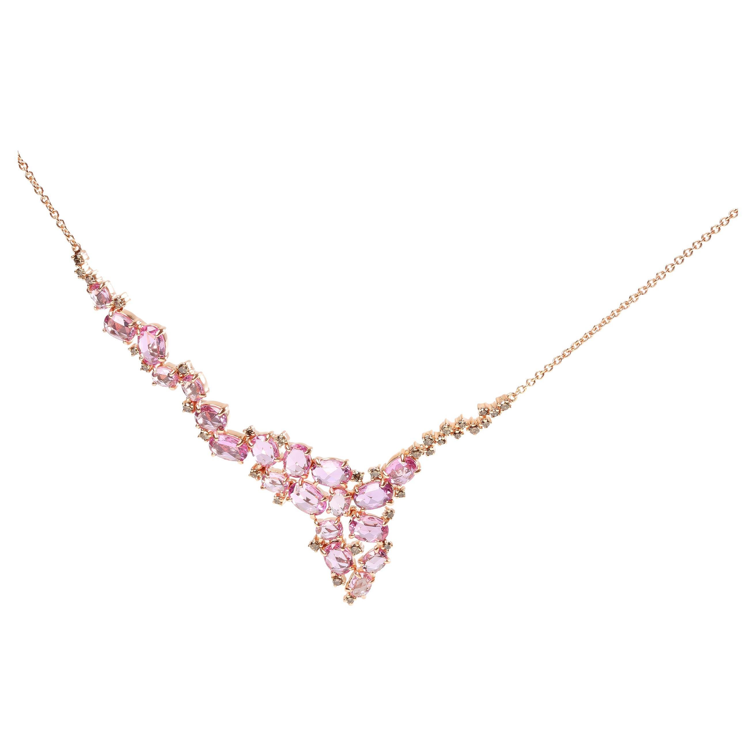 18K Rose Gold 1/2 Carat Brown Diamond & Oval Pink Sapphire Station Necklace For Sale