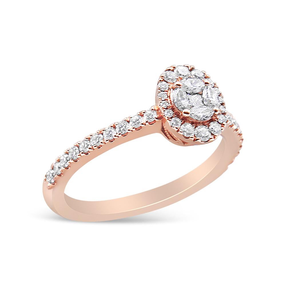 Round Cut 18K Rose Gold 1/2 Carat Composite Marquise Diamond Halo Engagement Ring For Sale