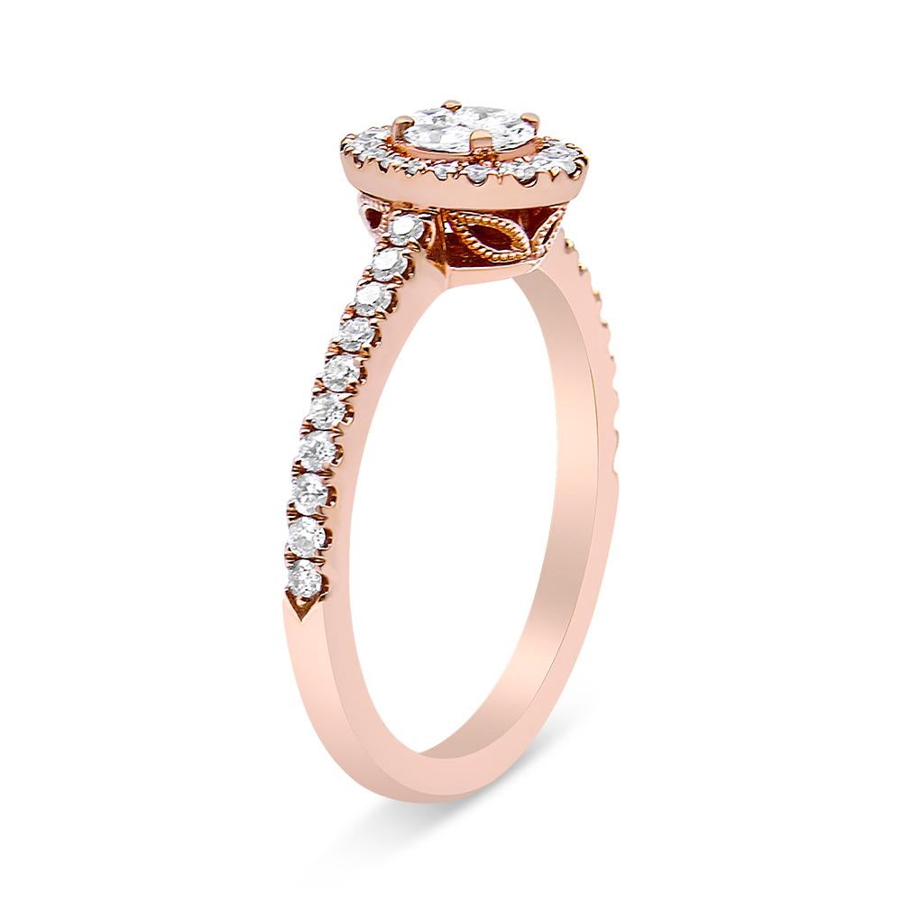 18K Rose Gold 1/2 Carat Composite Marquise Diamond Halo Engagement Ring In New Condition For Sale In New York, NY