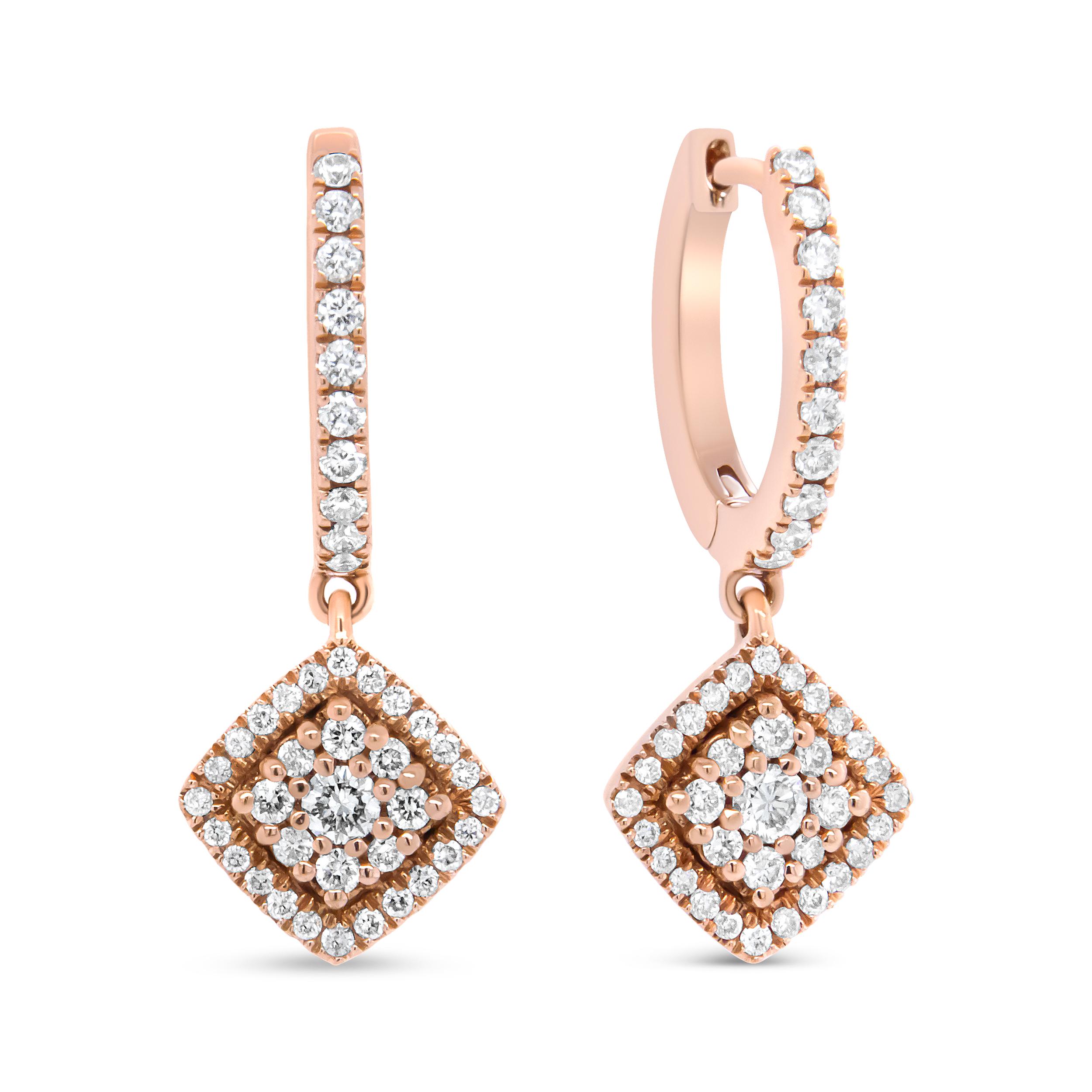 Scintillating diamonds steal the show in this shimmering pair of dangle earrings made from genuine 18k rose gold, a metal that will stay tarnish-free for years to come. Each earring showcases an upper dangle lined with diamonds, and a lower dangle