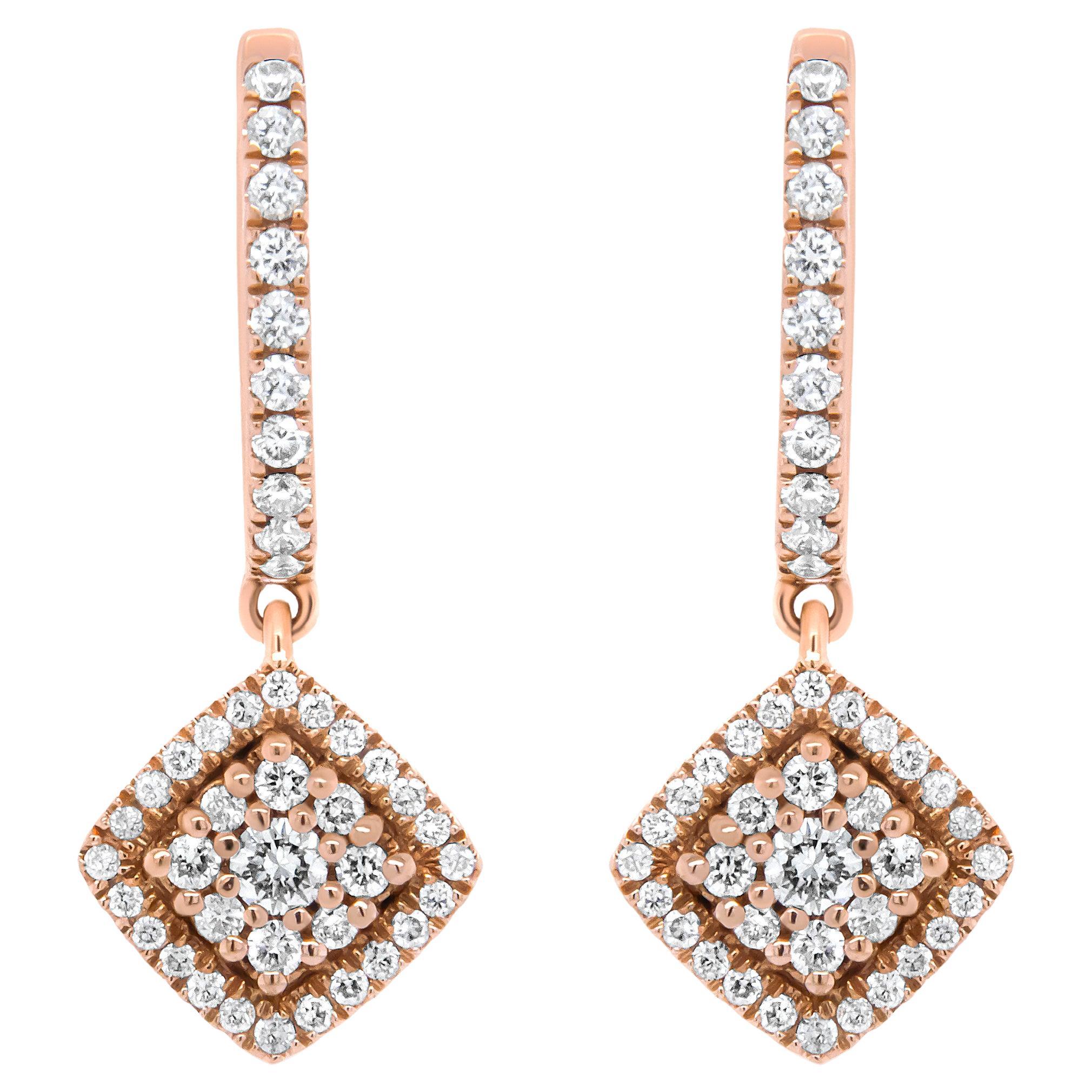 18K Rose Gold 1/2 Carat Round Diamond Halo Cluster Dangle Drop Earrings