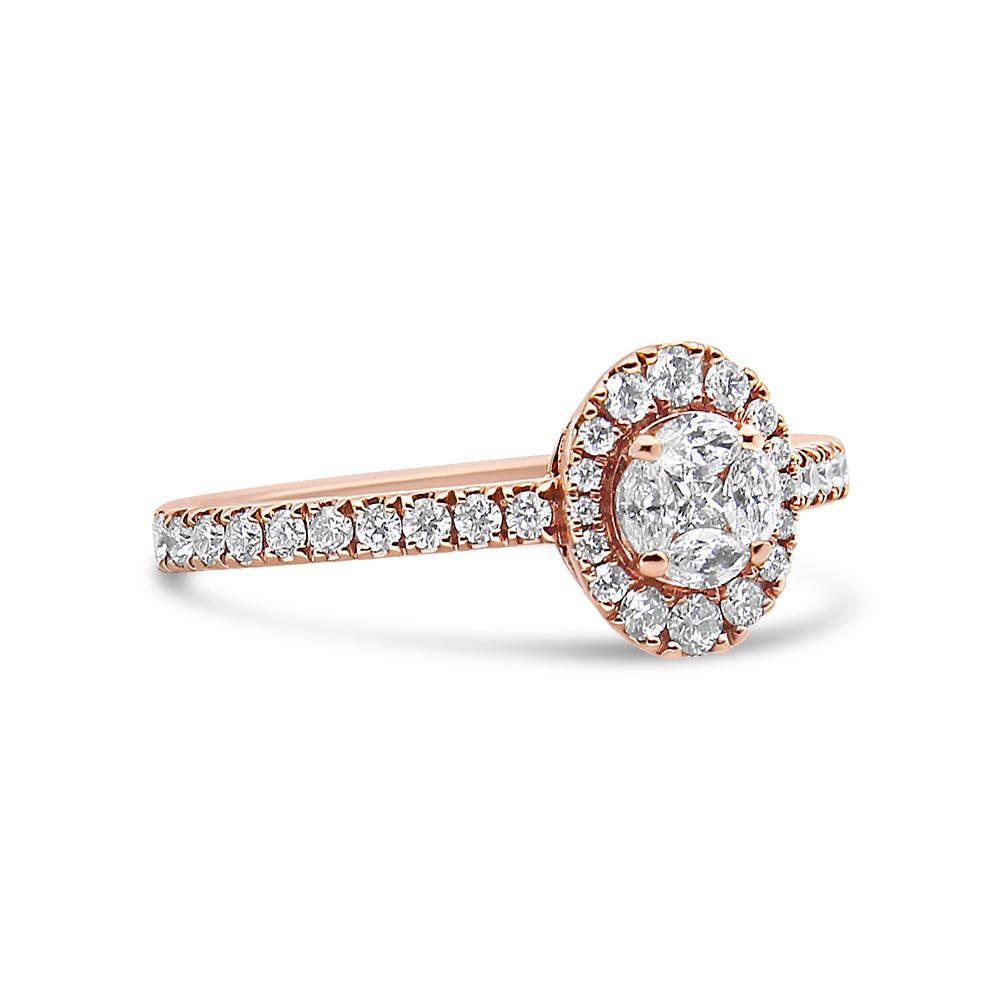 A confident expression of love, this diamond engagement ring ensures a marvelous moment. Created from deep hued 18K rose gold, this bold style showcases a stunning diamond look. 4 marquise shaped diamonds close on a center round diamond to give the
