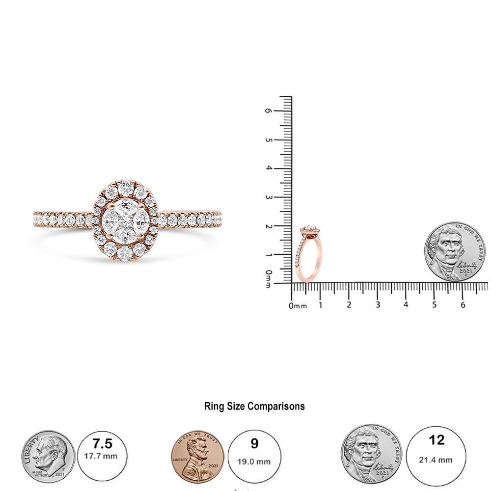 Princess Cut 18K Rose Gold 1/2 Ct Marquise Composite Diamond Oval Shaped Halo Engagement Ring For Sale