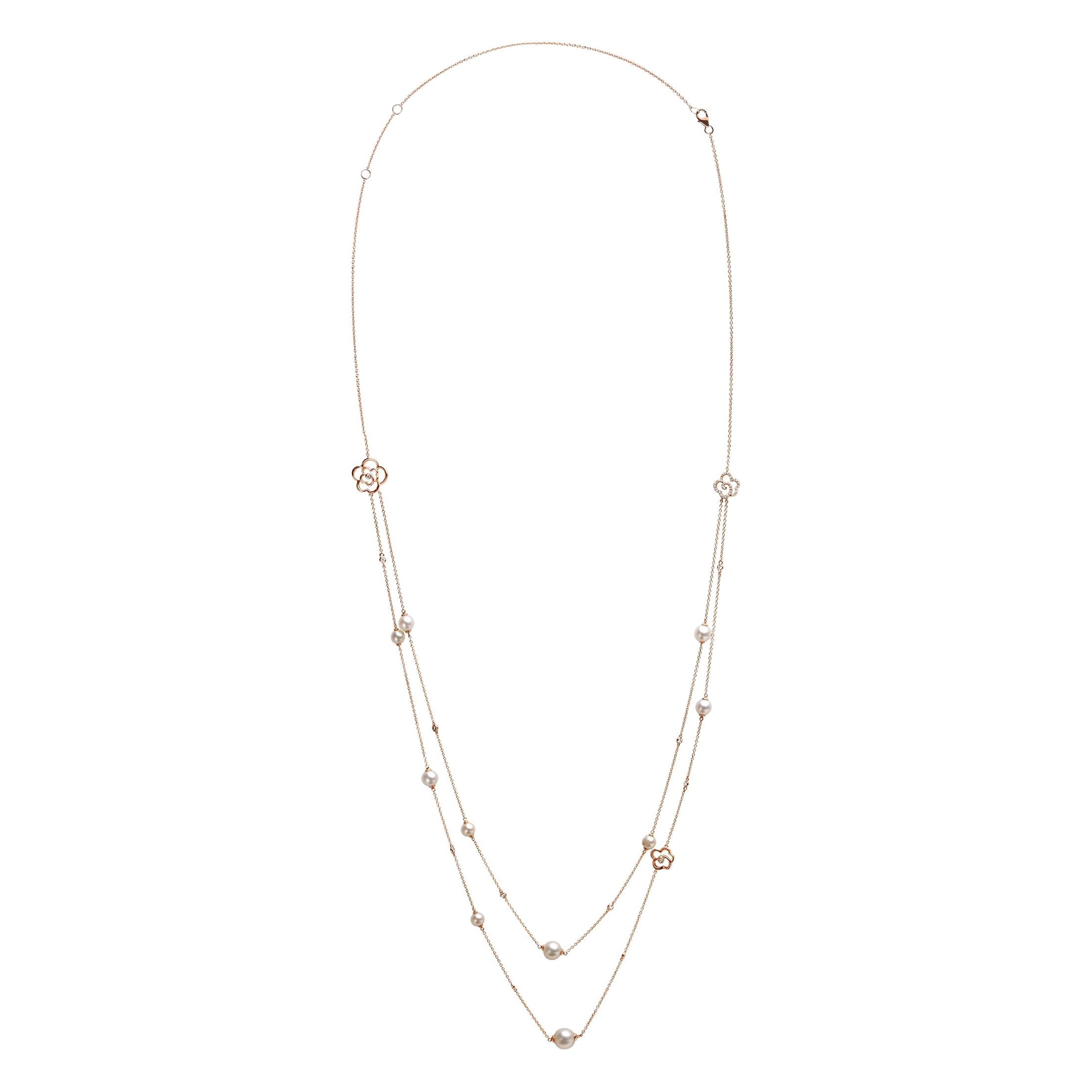 Collier station à double rang en or rose 18 carats avec diamants 1/2 carat et perles d'eau douce