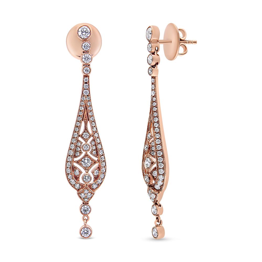 Round Cut 18K Rose Gold 1 3/4ct Diamond Edged Vintage Art Deco Style Drop & Dangle Earring For Sale