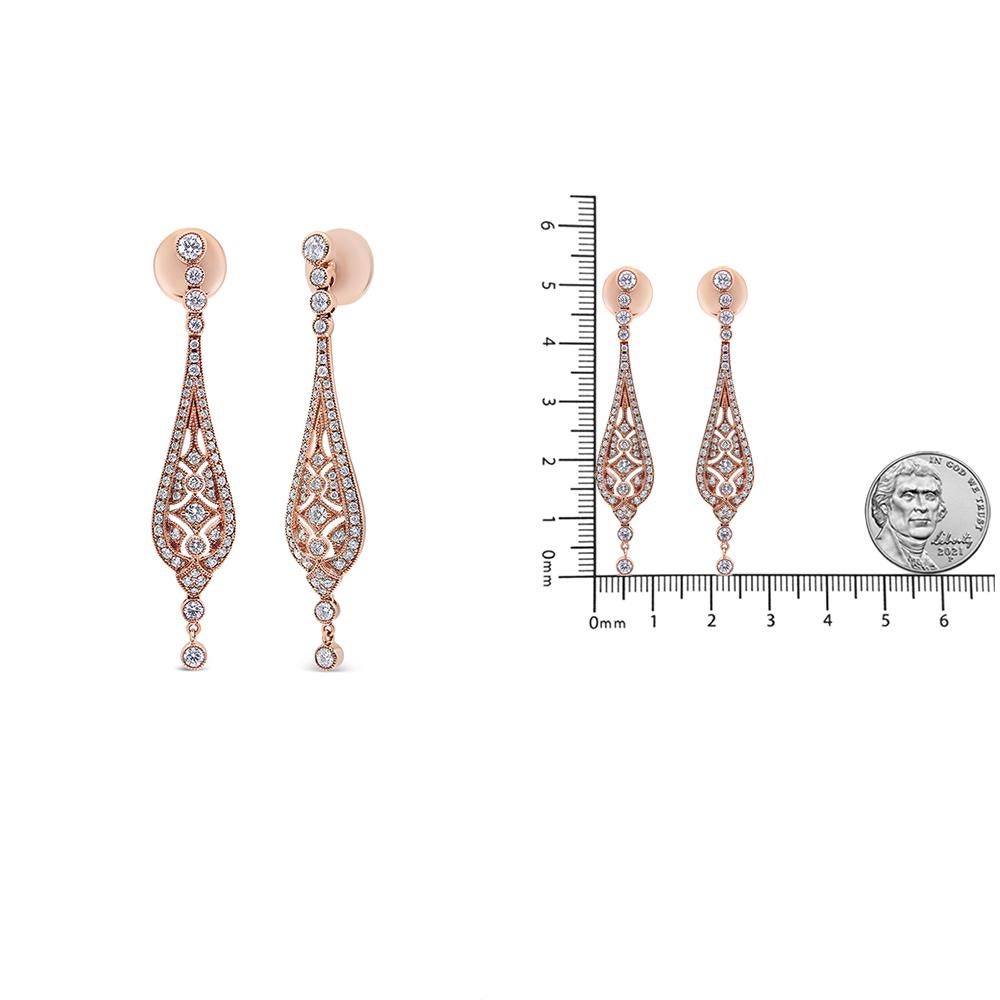 Round Cut 18K Rose Gold 1 3/4ct Diamond Edged Vintage Art Deco Style Drop & Dangle Earring For Sale