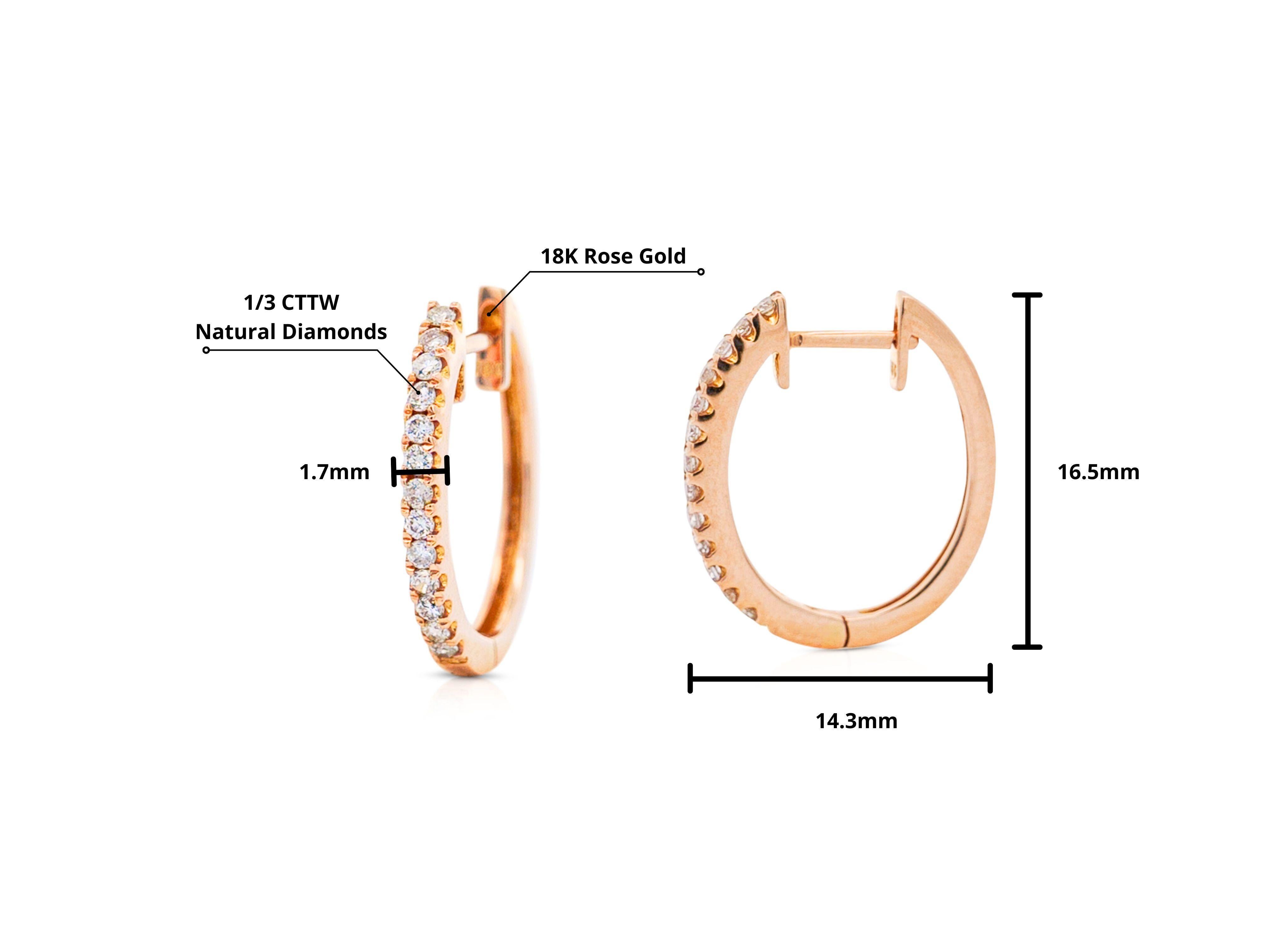 Modern 18K Rose Gold 1/3 Carat Huggie Hoop Earrings Latch Backs For Sale