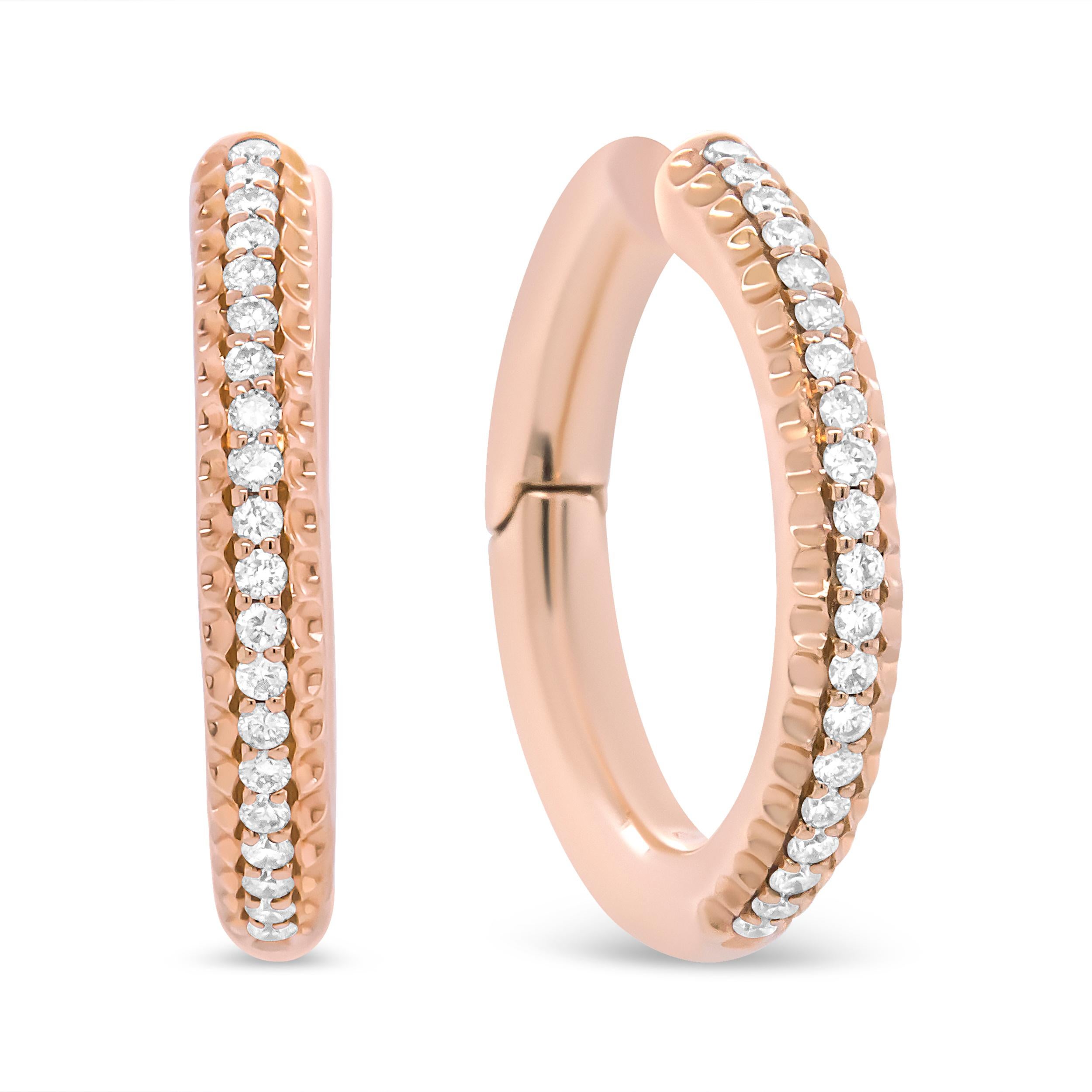 A timeless look, hoops are a fashion statement that are enduring. Diamonds likewise are eternal in their coveted style, making these 18k rose gold hoops an instant stunner for all of your everyday and special occasion ensembles! A row of fine white