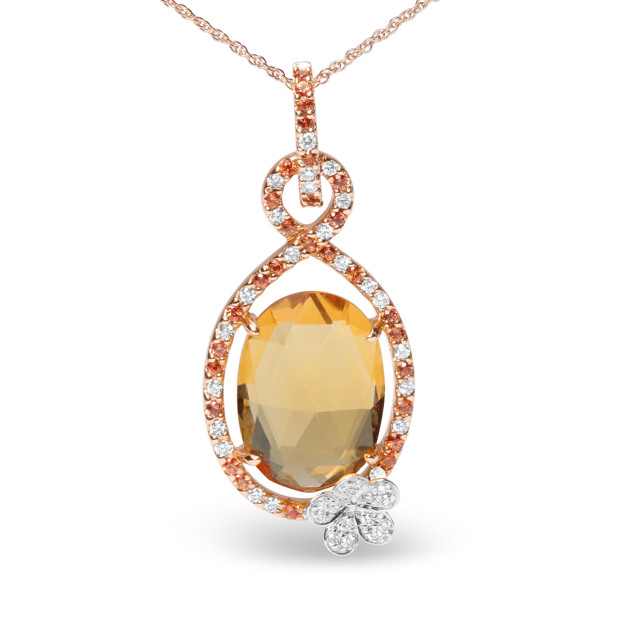 In a halo teardrop motif of genuine 18k rose gold, this pendant necklace makes an awe-inspiring impression comprised of natural gemstones and diamonds. At the center rests a 15x10mm oval heat-treated yellow citrine in a 4-prong setting. An openwork