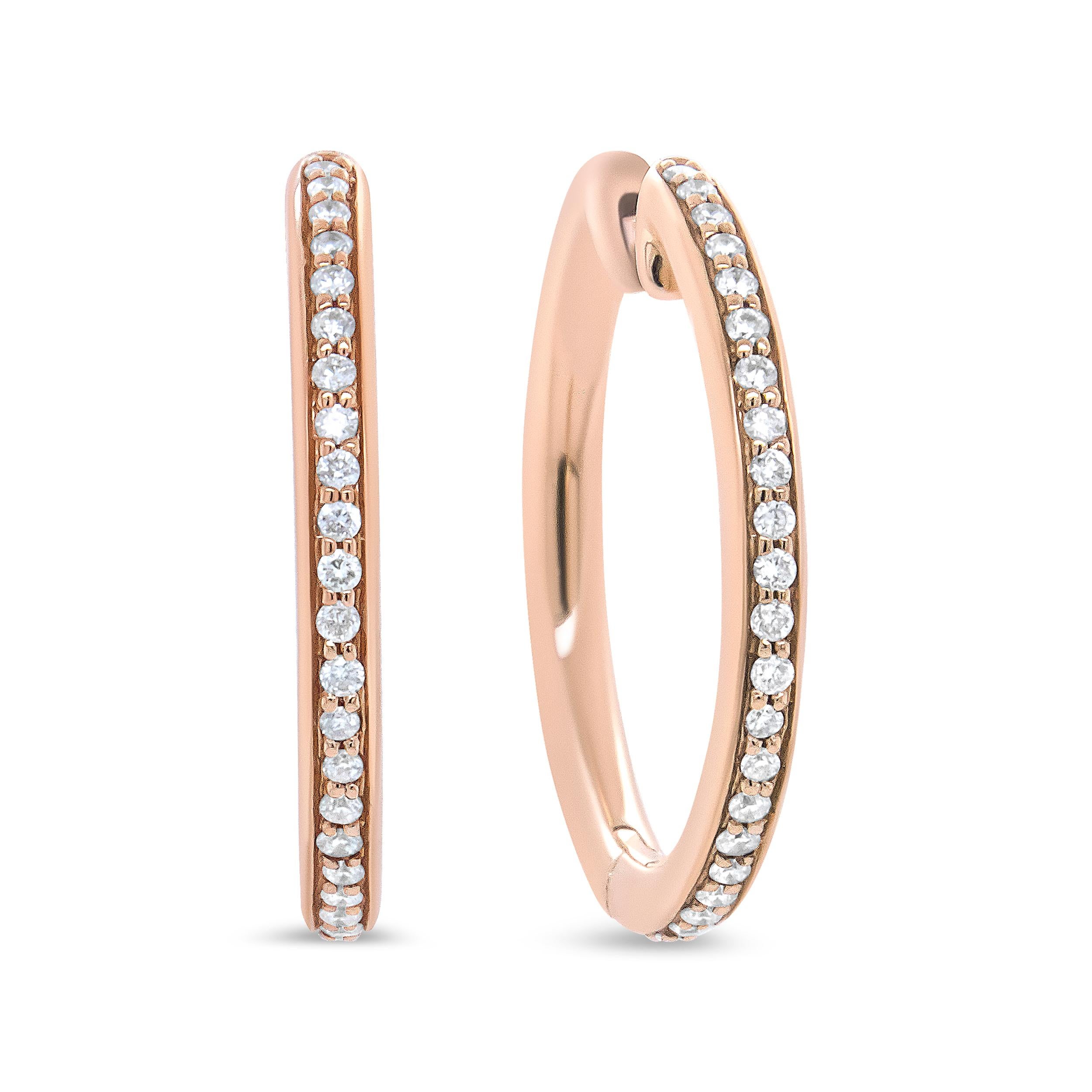 Contemporary 18K Rose Gold 1/5 Carat Round Diamond Hoop Earrings For Sale