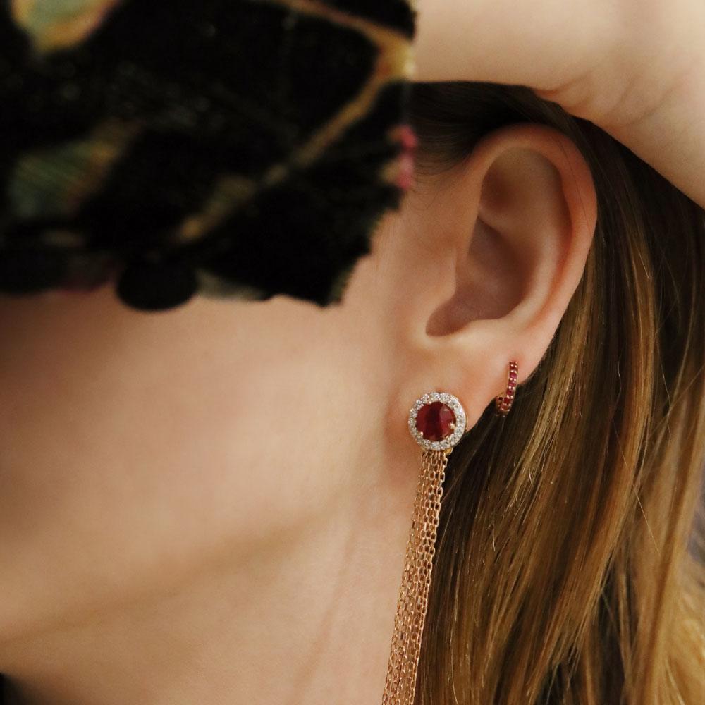 The Bloom collection consists of a gorgeous center solitaire surrounded by a halo of precious and semiprecious stones.

Product Name: Black Diamond Cluster + Ruby Stud
Stones: Rubies 1 ct, Black Diamonds 0.54 cts
Metal: 18K Rose Gold
5.54 grams Gold