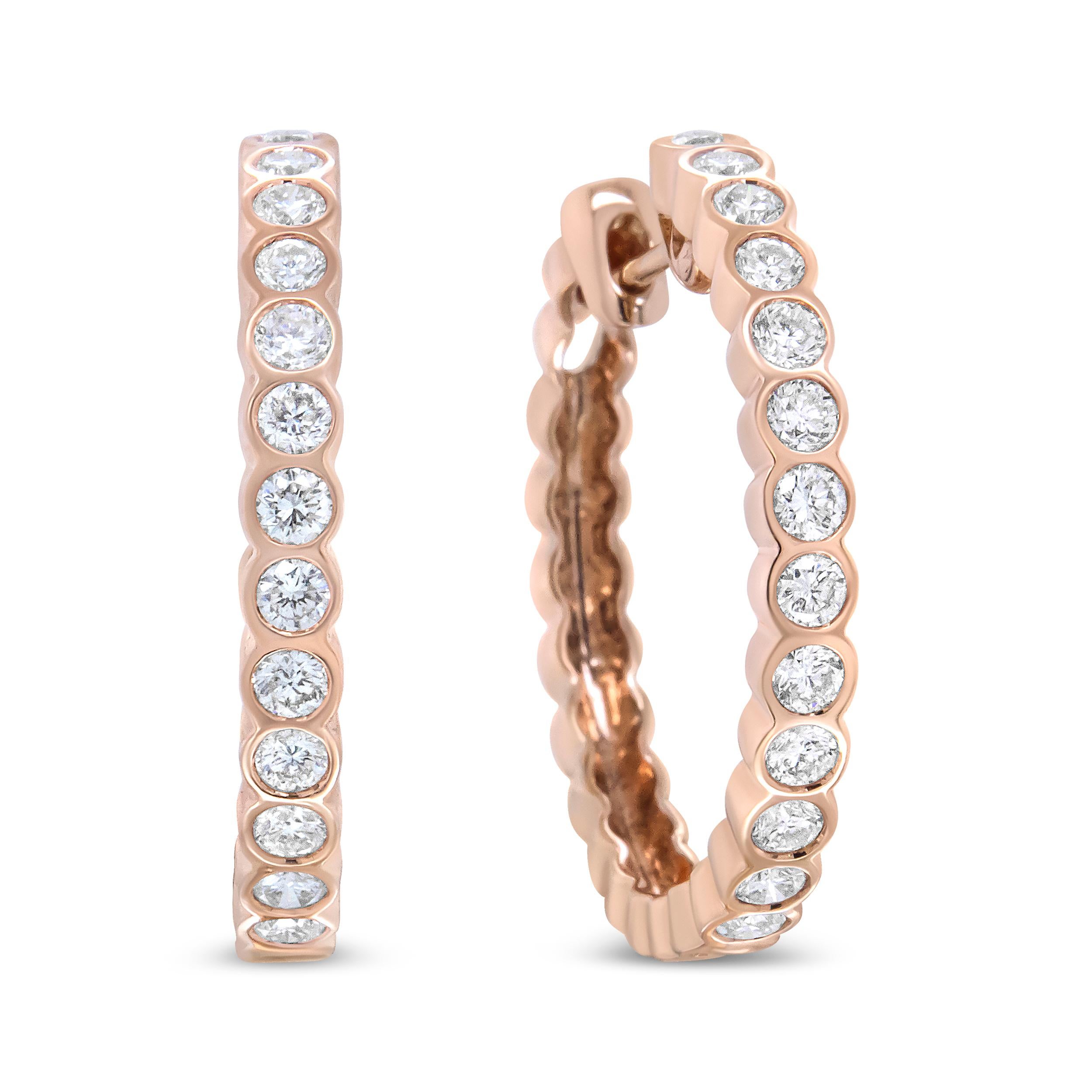 Contemporary 18K Rose Gold 1.0 Carat Round Bezel-Set Diamond Hoop Earrings For Sale