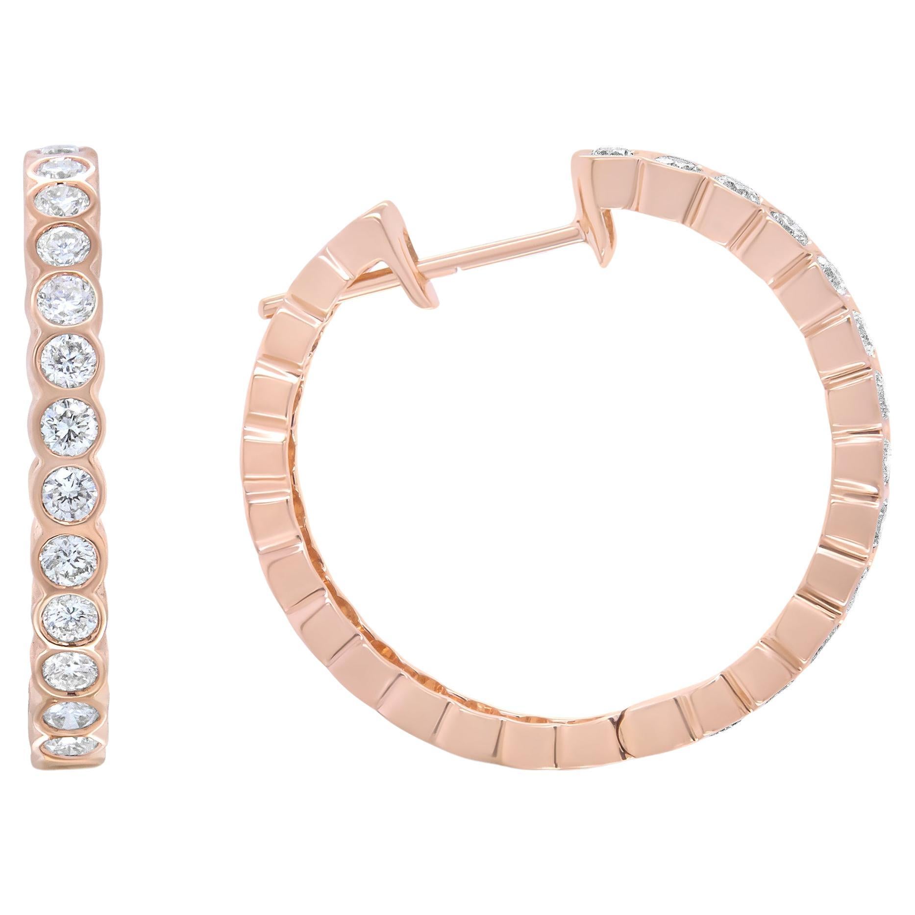 18K Rose Gold 1.0 Carat Round Bezel-Set Diamond Hoop Earrings For Sale