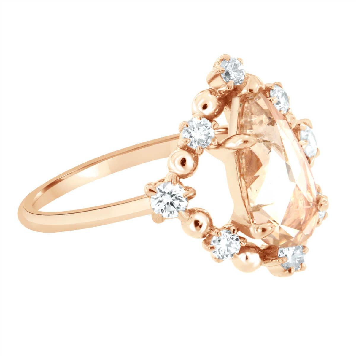 Pear Cut 18K Rose Gold 1.10 Carat Pear Shape Light Champagne Halo Diamond Ring For Sale