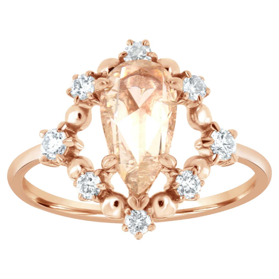 18K Rose Gold 1.10 Carat Pear Shape Light Champagne Halo Diamond Ring For Sale