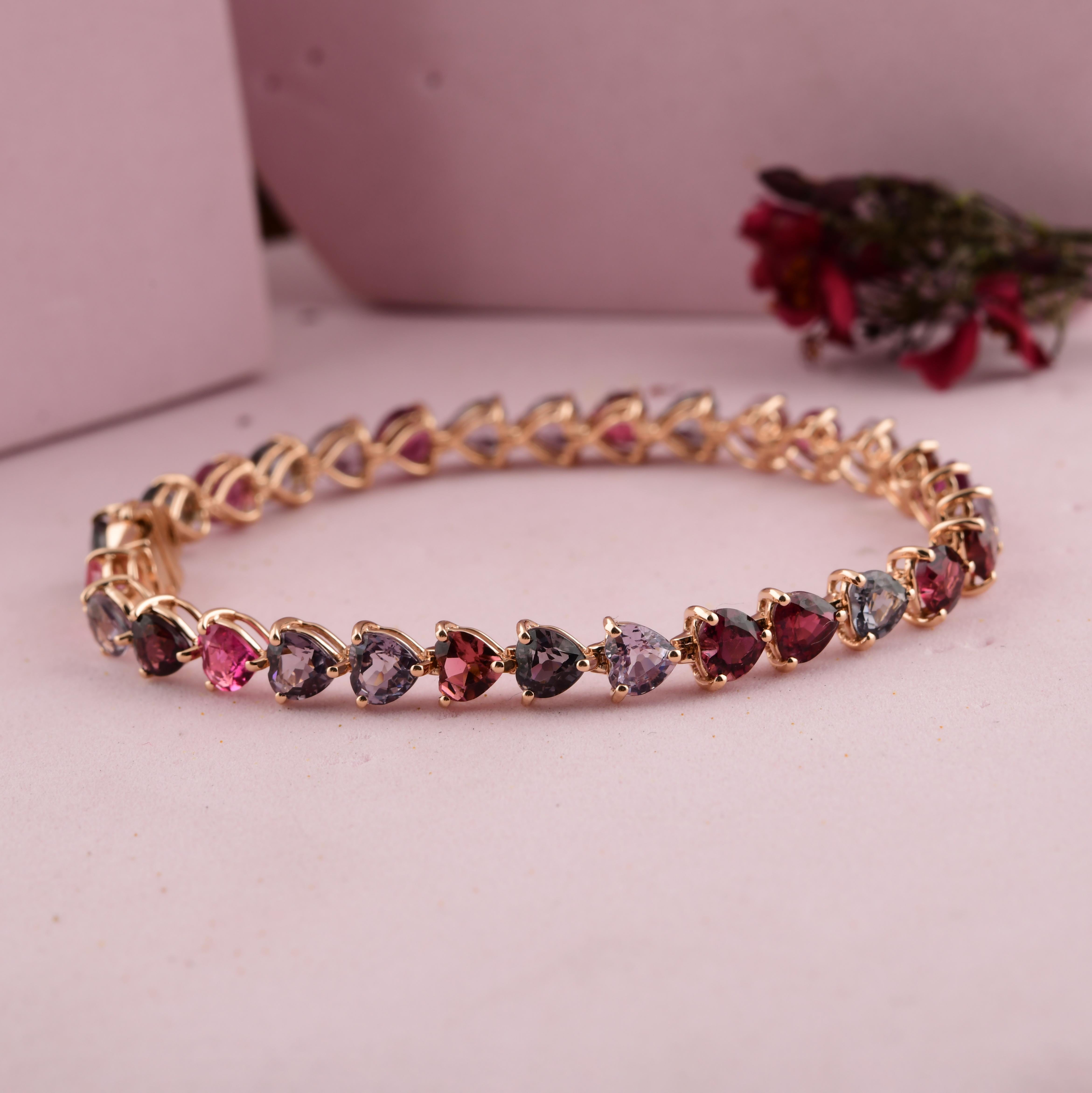 Taille cœur Bracelet de tennis en or rose 18K 12.22 CTW Heart Cut Multi Sapphire Tourmaline Cadeau en vente
