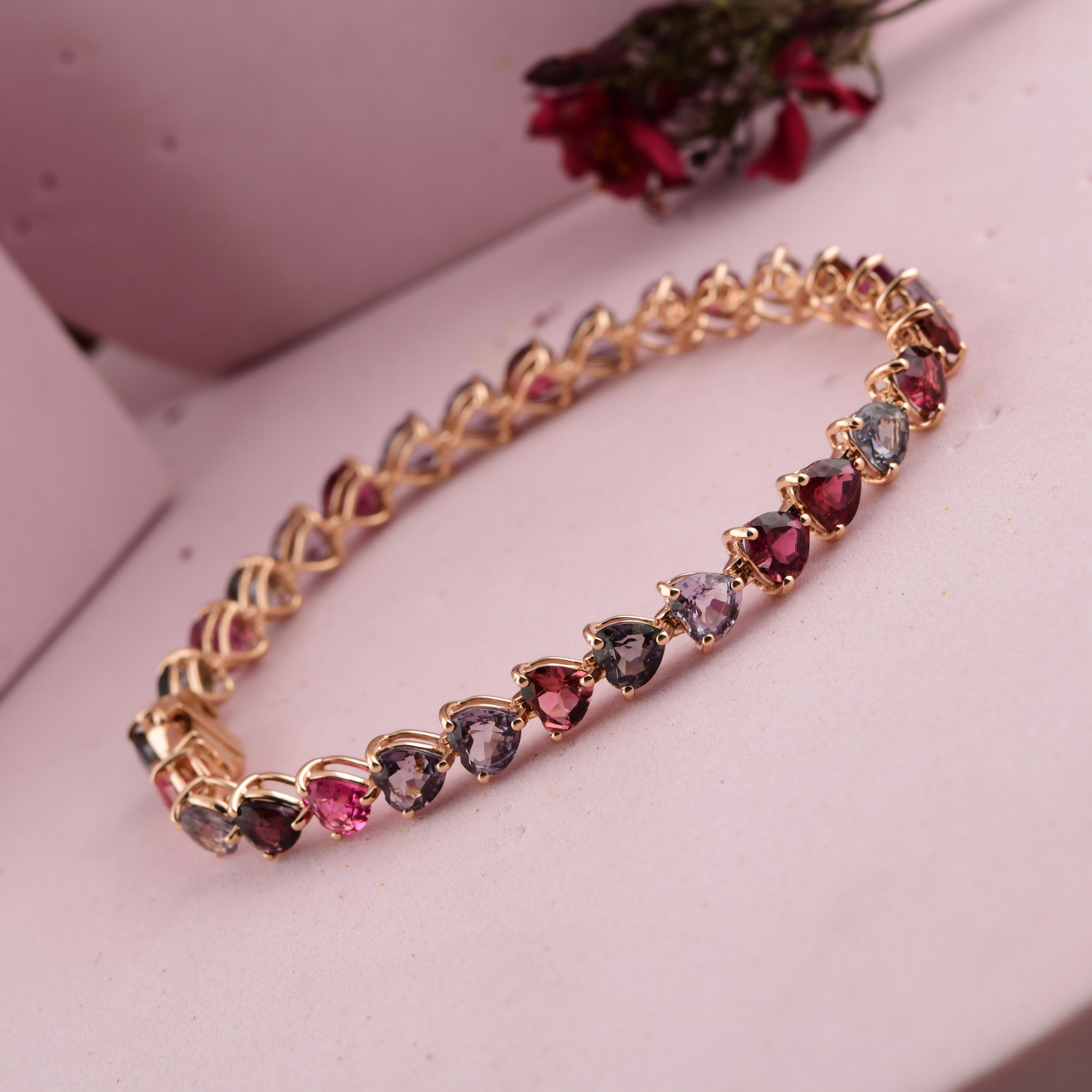 Bracelet de tennis en or rose 18K 12.22 CTW Heart Cut Multi Sapphire Tourmaline Cadeau Pour femmes en vente