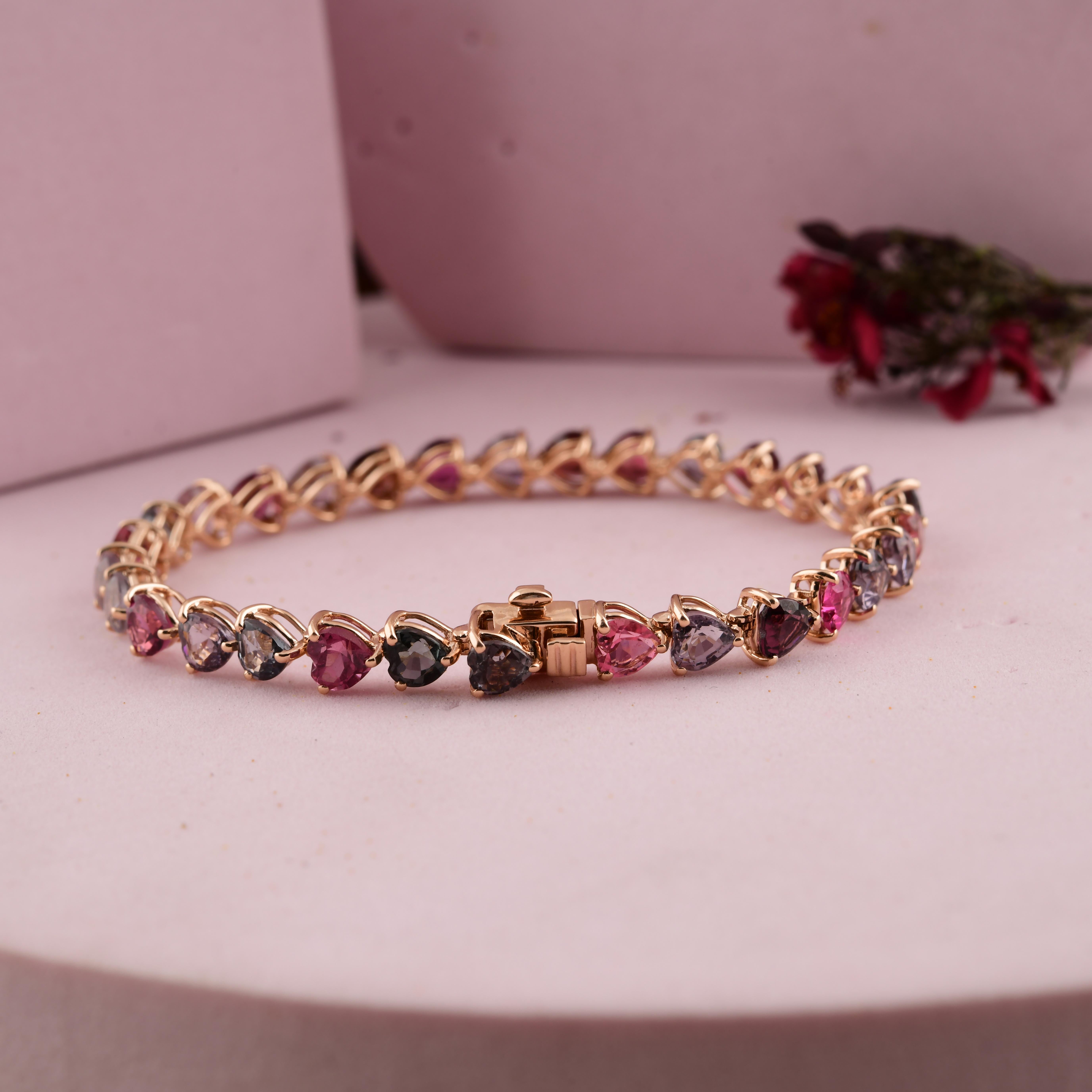 Bracelet de tennis en or rose 18K 12.22 CTW Heart Cut Multi Sapphire Tourmaline Cadeau en vente 1