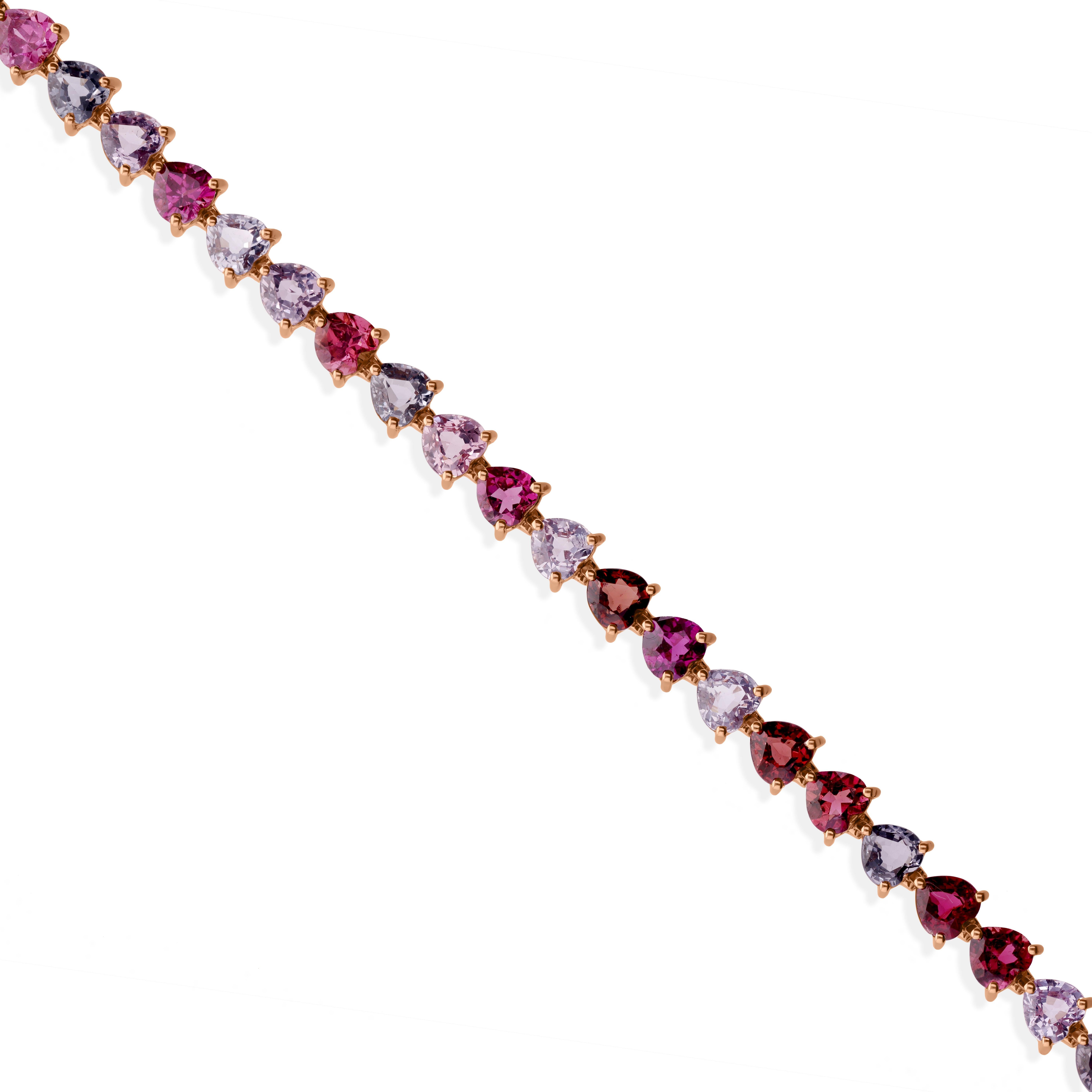 Bracelet de tennis en or rose 18K 12.22 CTW Heart Cut Multi Sapphire Tourmaline Cadeau en vente 3